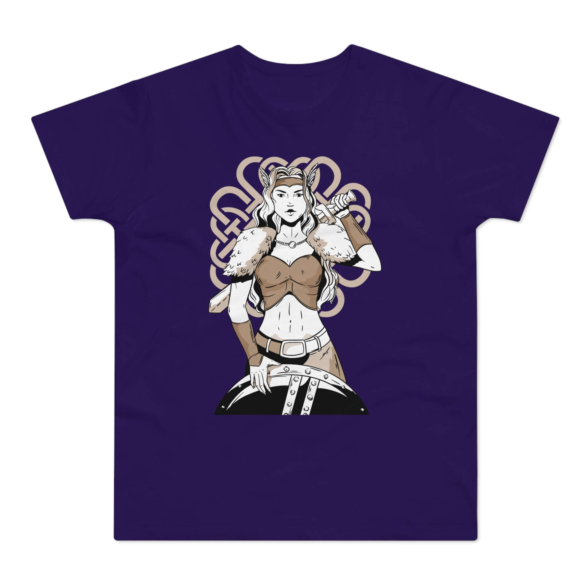 Lilla t-shirt med tryk med en kvindelig kriger med sværd og skjold og runer.