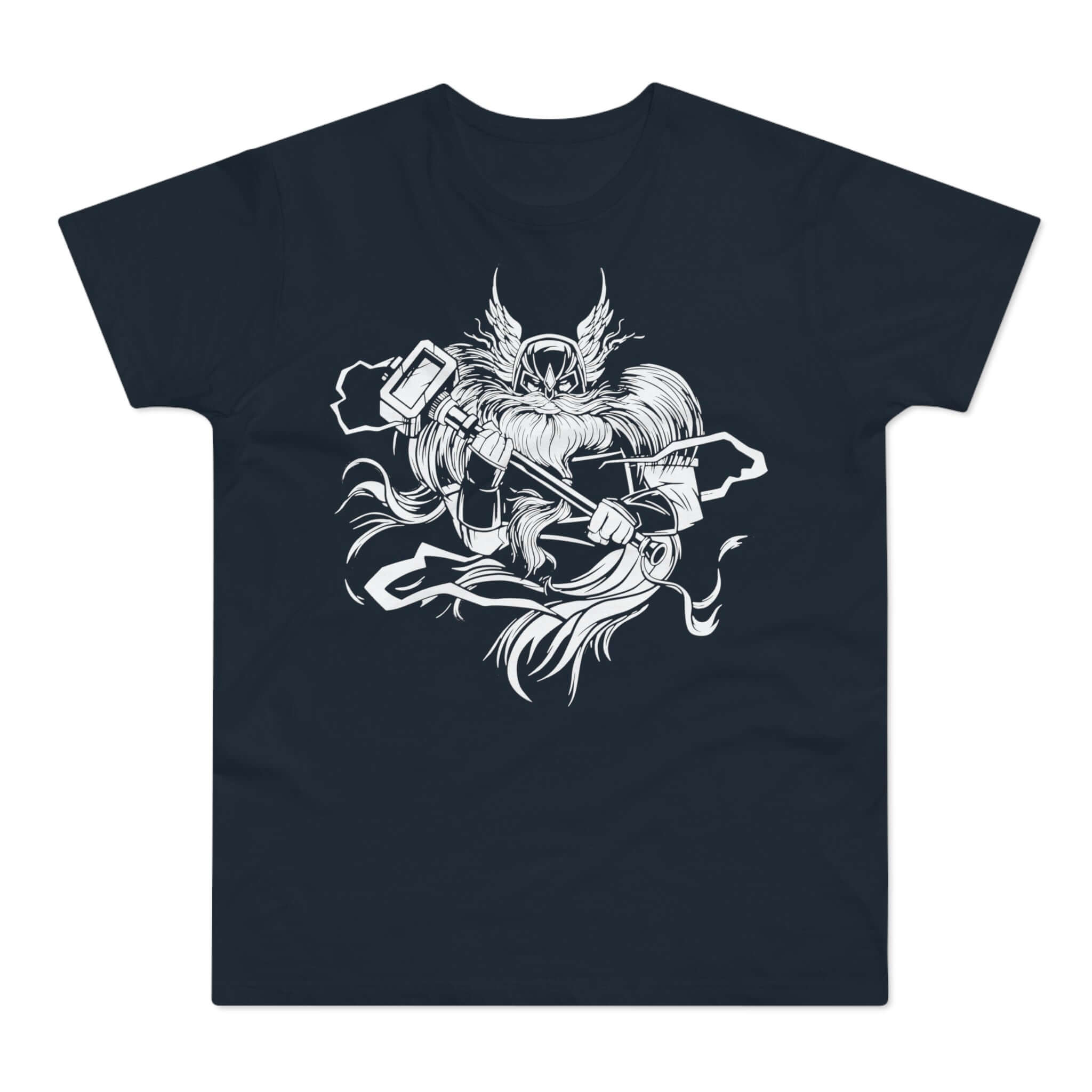 Mørkeblå t-shirt med tryk med en mægtig kriger med et stort skæg og en stor hammer.