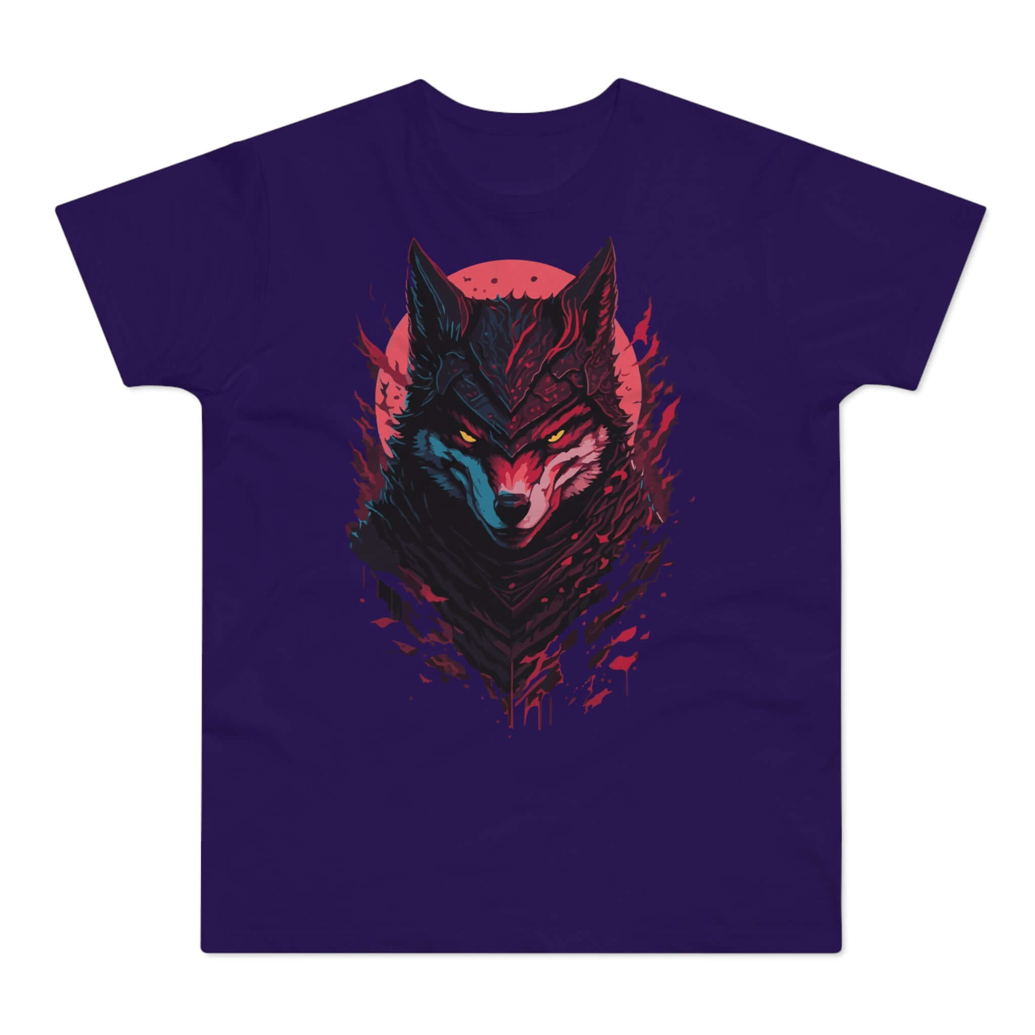 Lilla t-shirt med tryk med en ulv med et ondt øje og snigmordstøj.