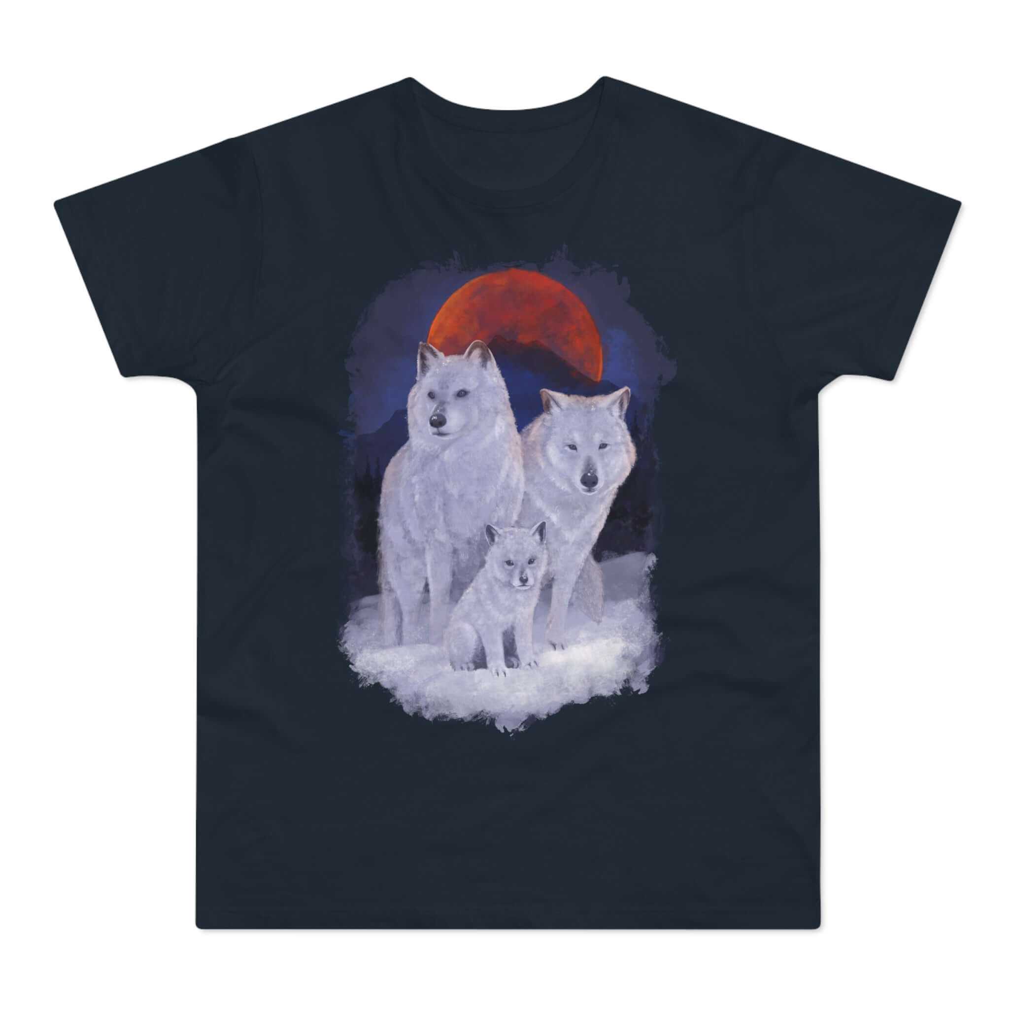 Mørkeblå t-shirt med tryk med en ulvefamilie.
