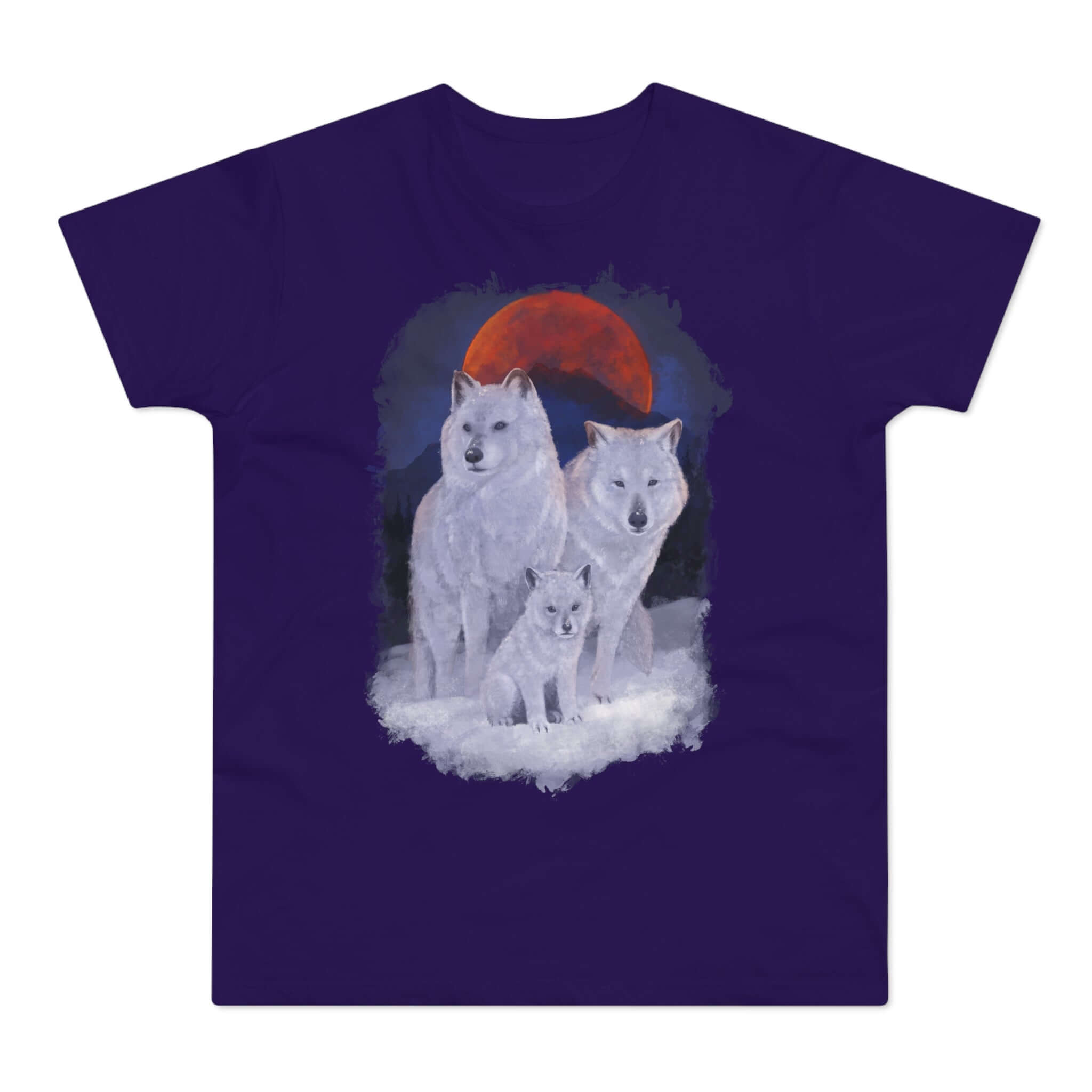 Lilla t-shirt med tryk med en ulvefamilie.