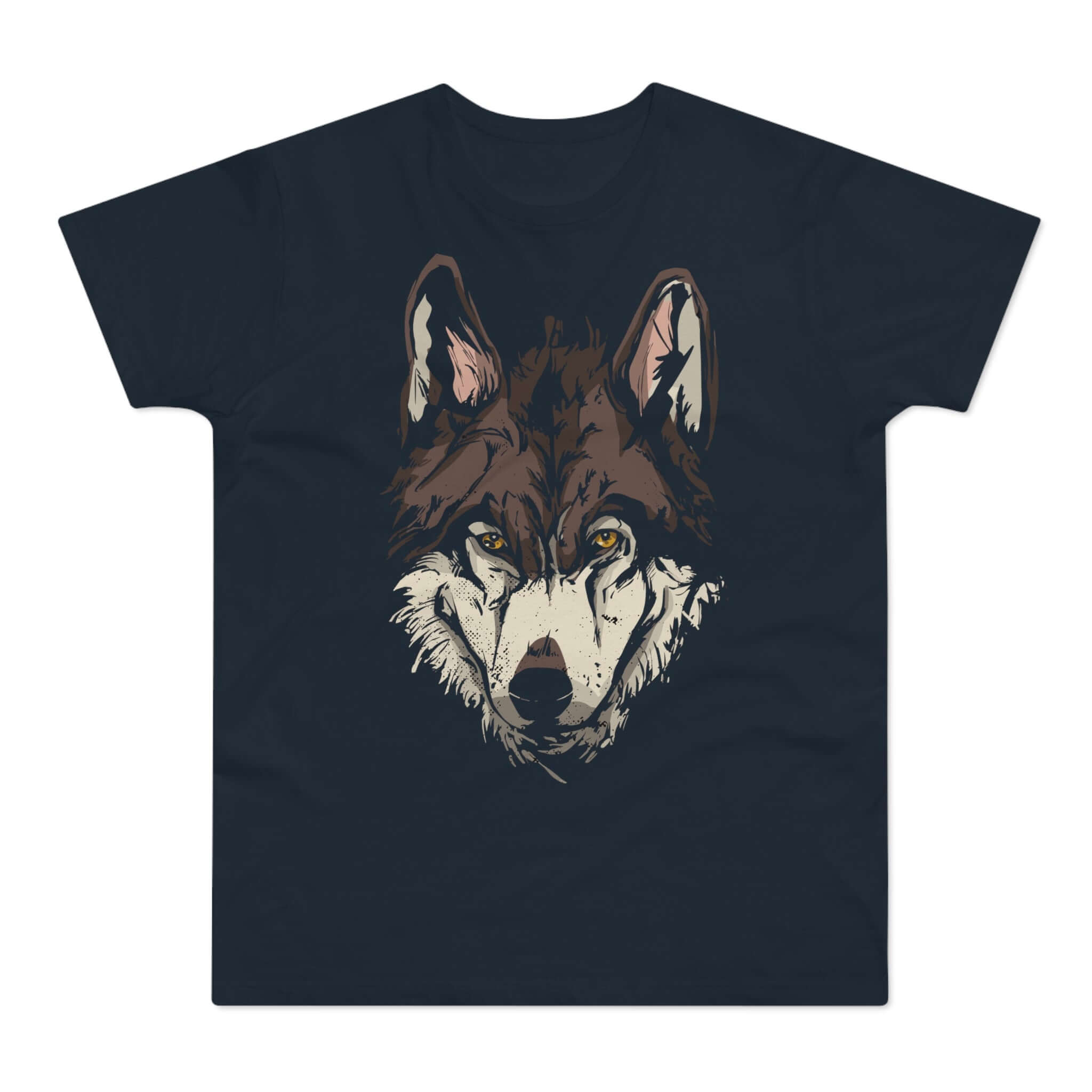 Mørkeblå t-shirt med tryk med hovedet af en gammel og erfaren ulv.