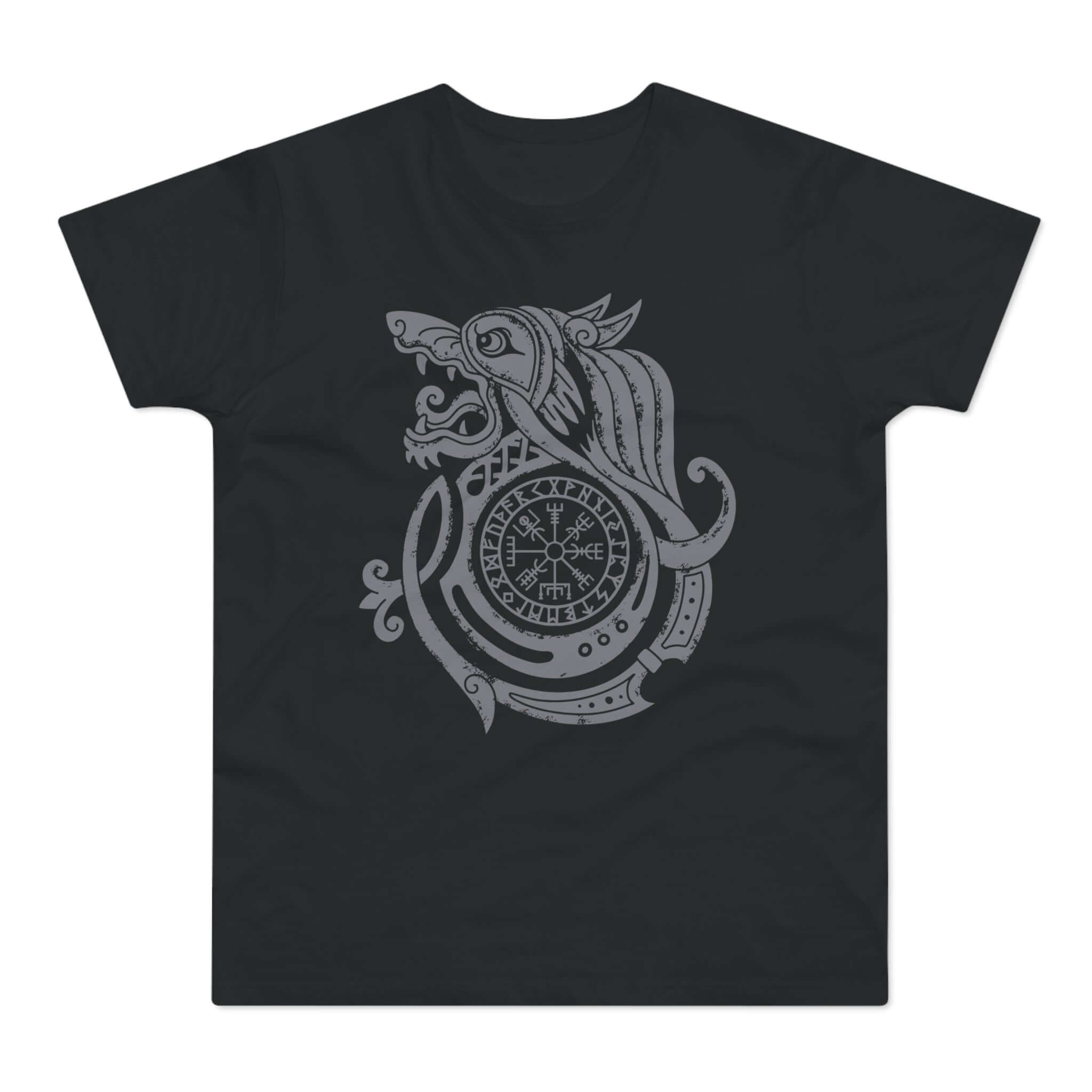 Sort t-shirt med tryk med en rune i form af et ulvehoved.