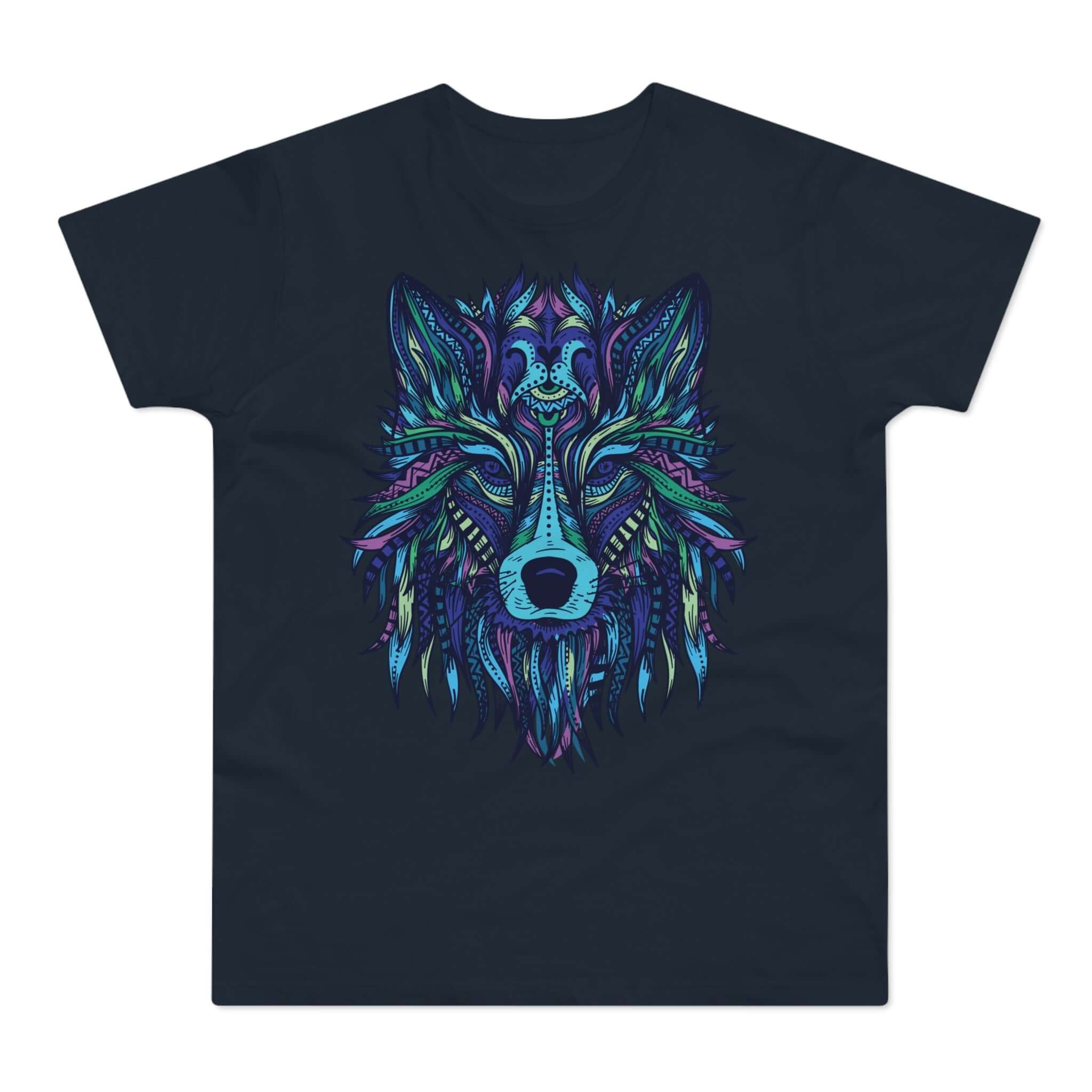 Mørkeblå t-shirt med tryk med en ulv i mandala-kunst.
