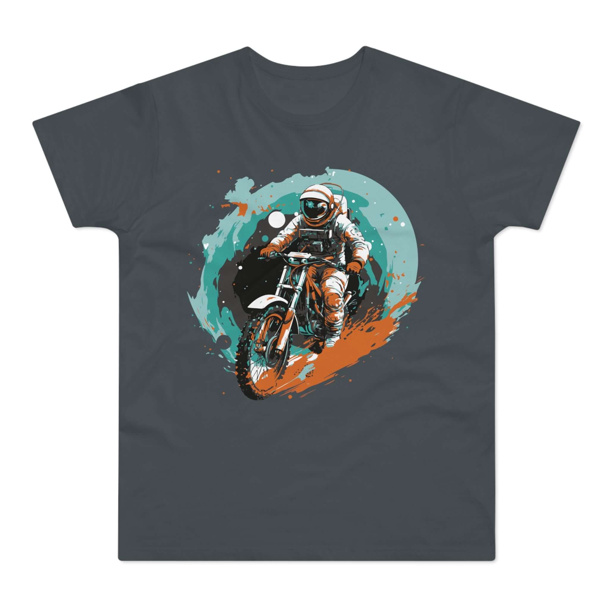 T-shirt med titlen: Steven's Space Exploration On Motorcycle | T-Shirt Med Tryk.