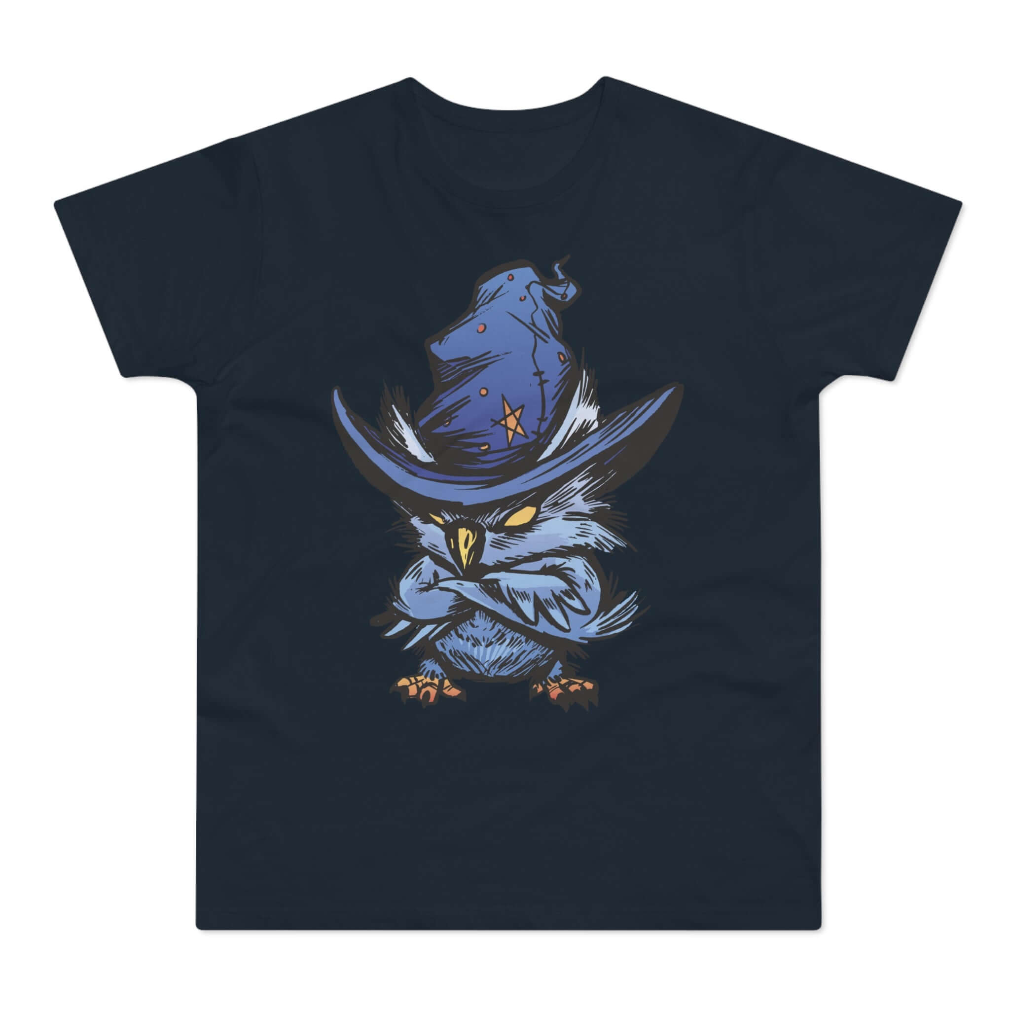 T-shirt med titlen: Shoo-Hoo, The Magician-Owl From Forest | T-Shirt Med Tryk.