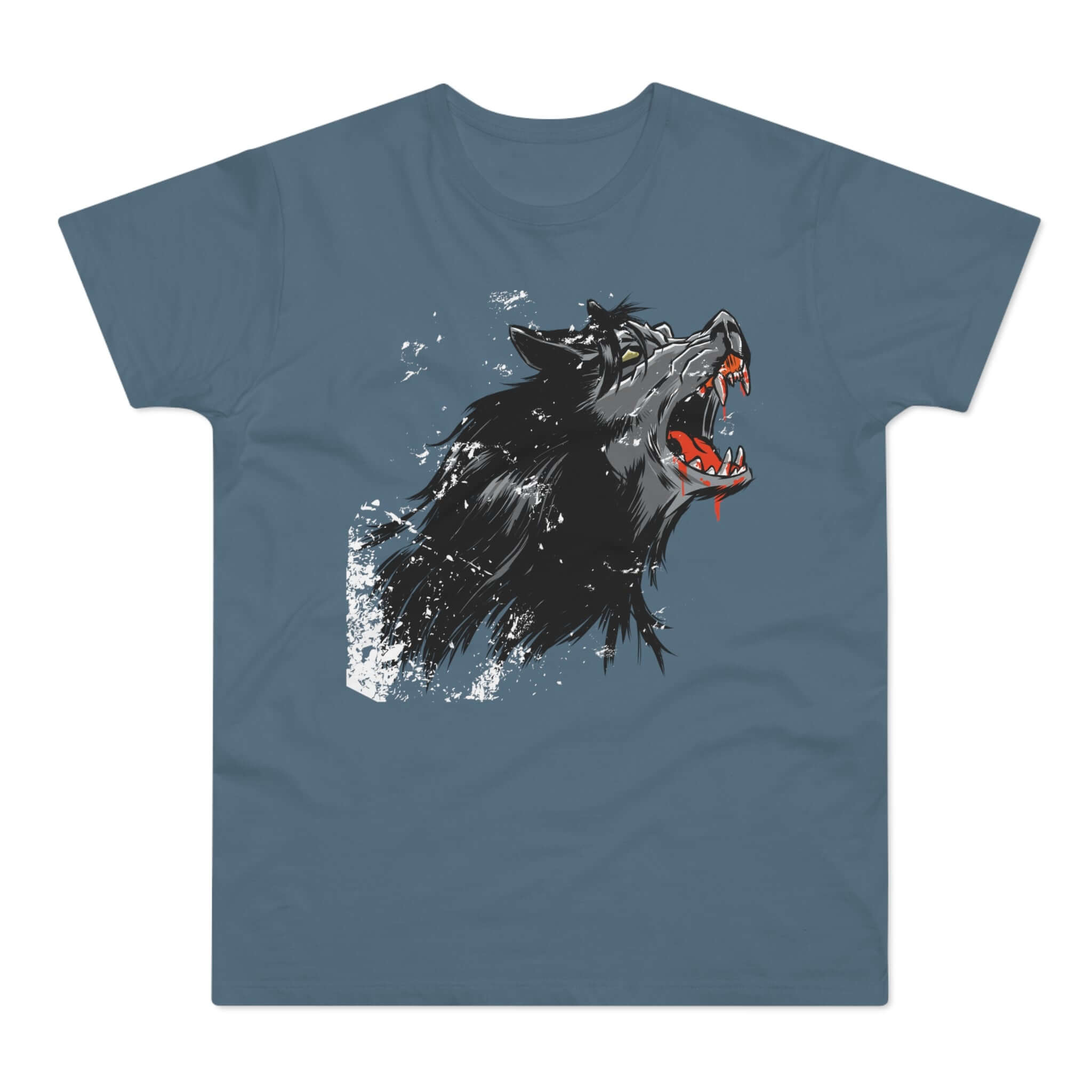Stenblå t-shirt med tryk med en hylende, aggressiv varulv.
