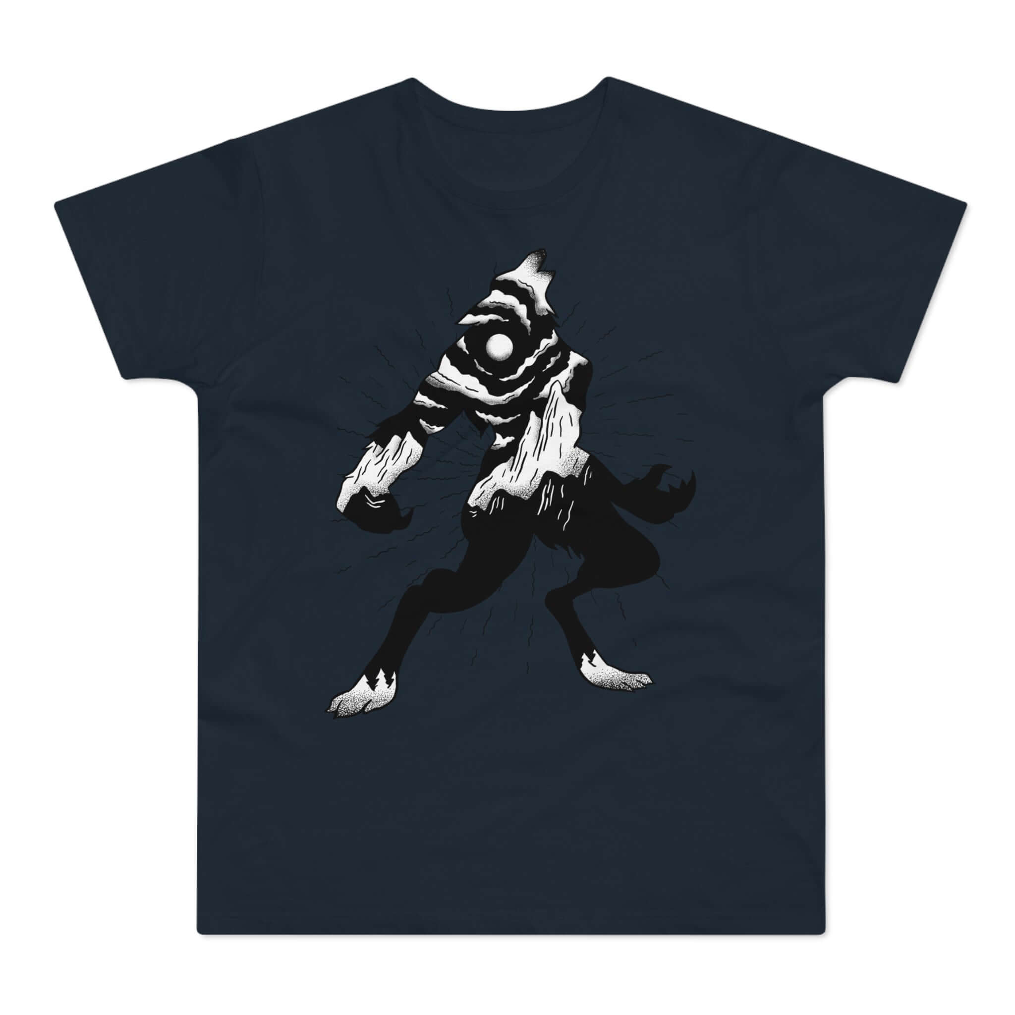 sort t-shirt med tryk af en hylende varulv.