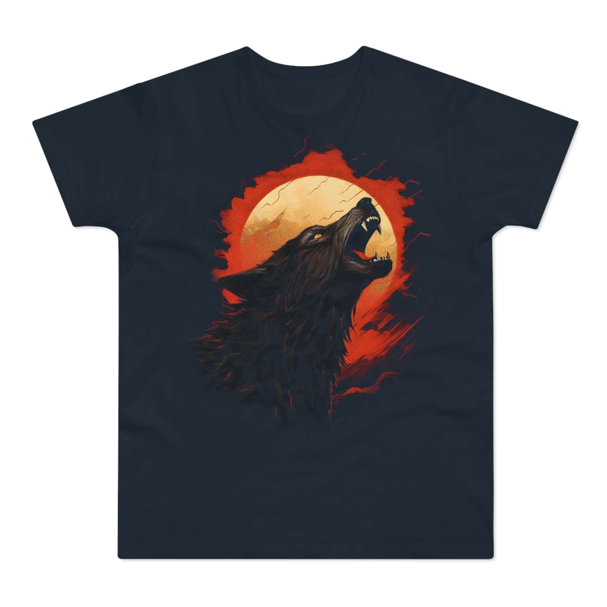 Mørkeblå t-shirt med tryk med en hylende ulv før månden.