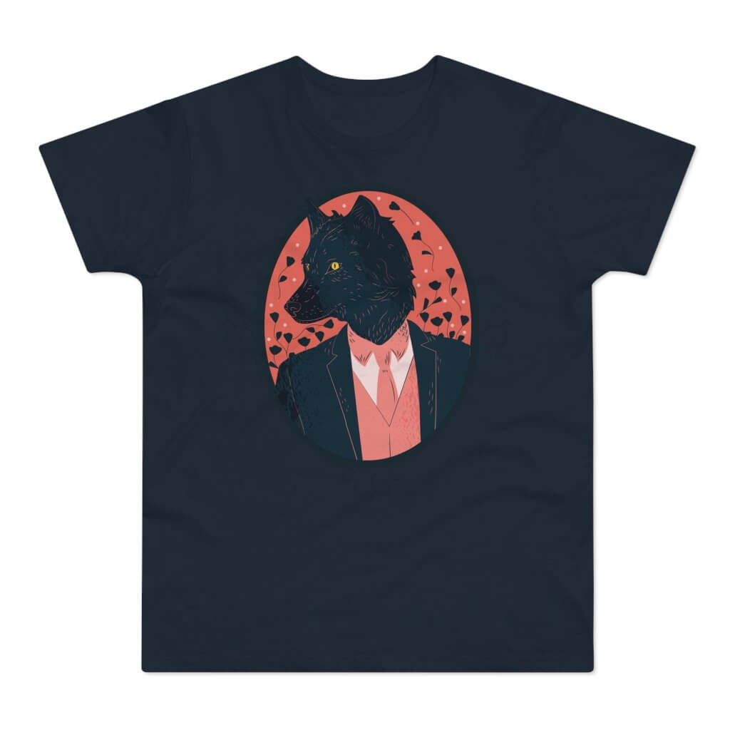 mørkblå t-shirt med tryk med en stilfuld ulv med jakkesæt.