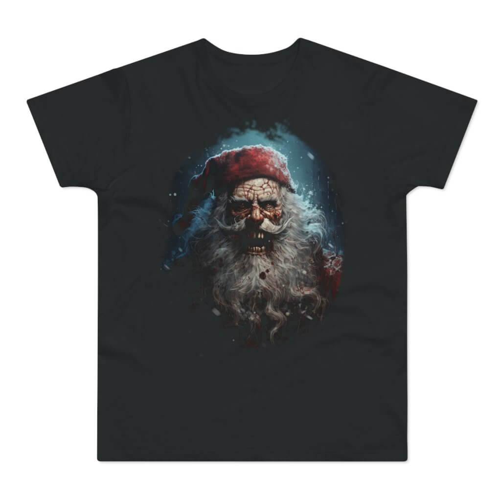 Sort t-shirt med tryk med en skrækkelig julemand.