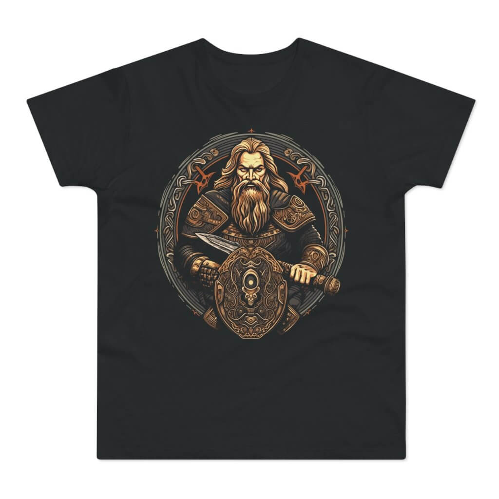 Sort t-shirt med tryk med en vikingekonge med sværd og skjold.