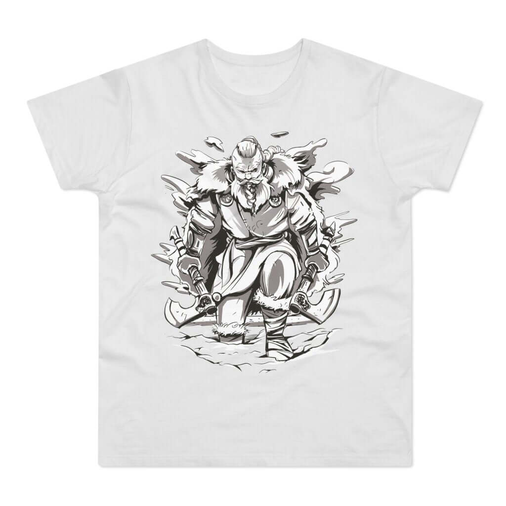 Hvid t-shirt med tryk med en vikingekriger med to økser, der trasker gennem sneen.