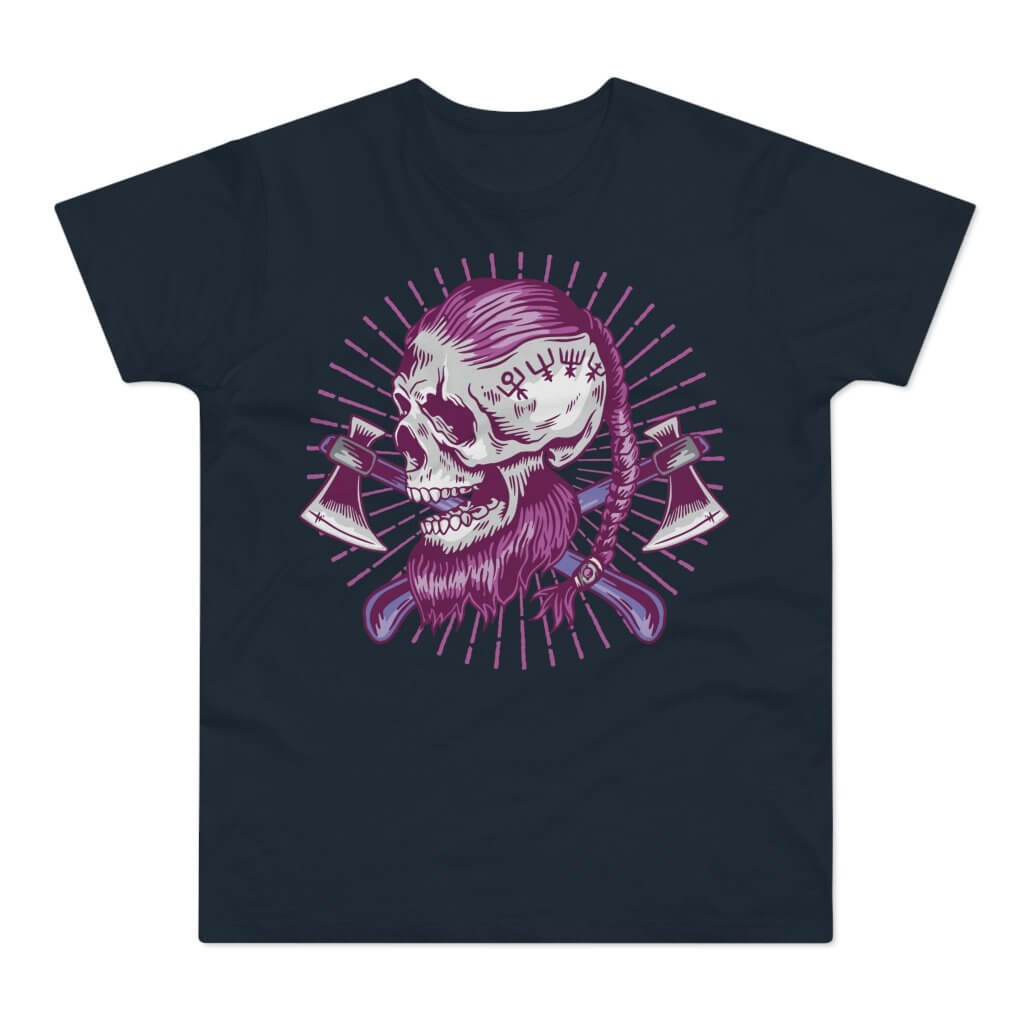 A viking skull with runes, beard and long hair with axes behind on a darkblue nerd shirt