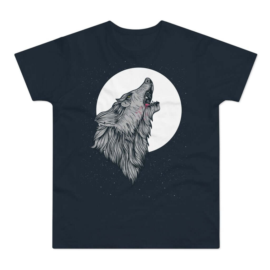 Mørkeblå t-shirt med tryk med en hylende ulv før månden.