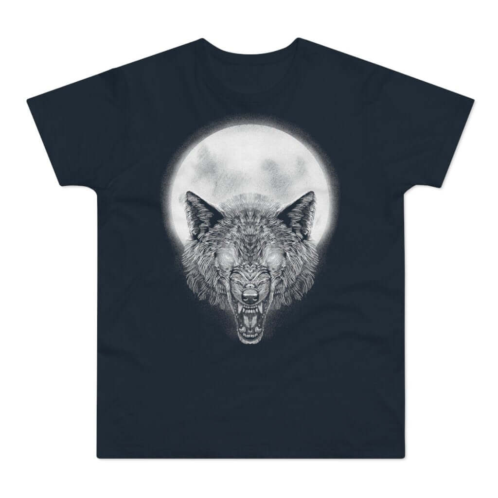 Mørkeblå t-shirt med tryk med en snerrende ulv med glødende øjne foran en fuldmåne.