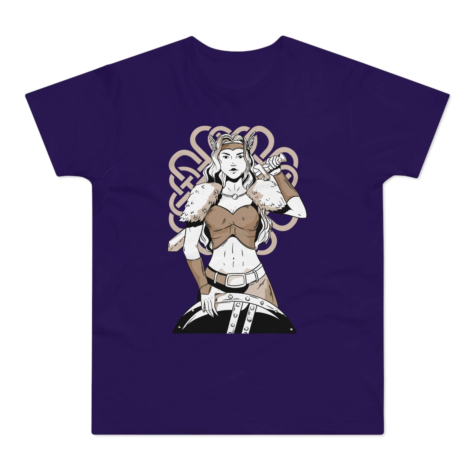 Lilla t-shirt med tryk med en kvindelig kriger med sværd og skjold og runer.