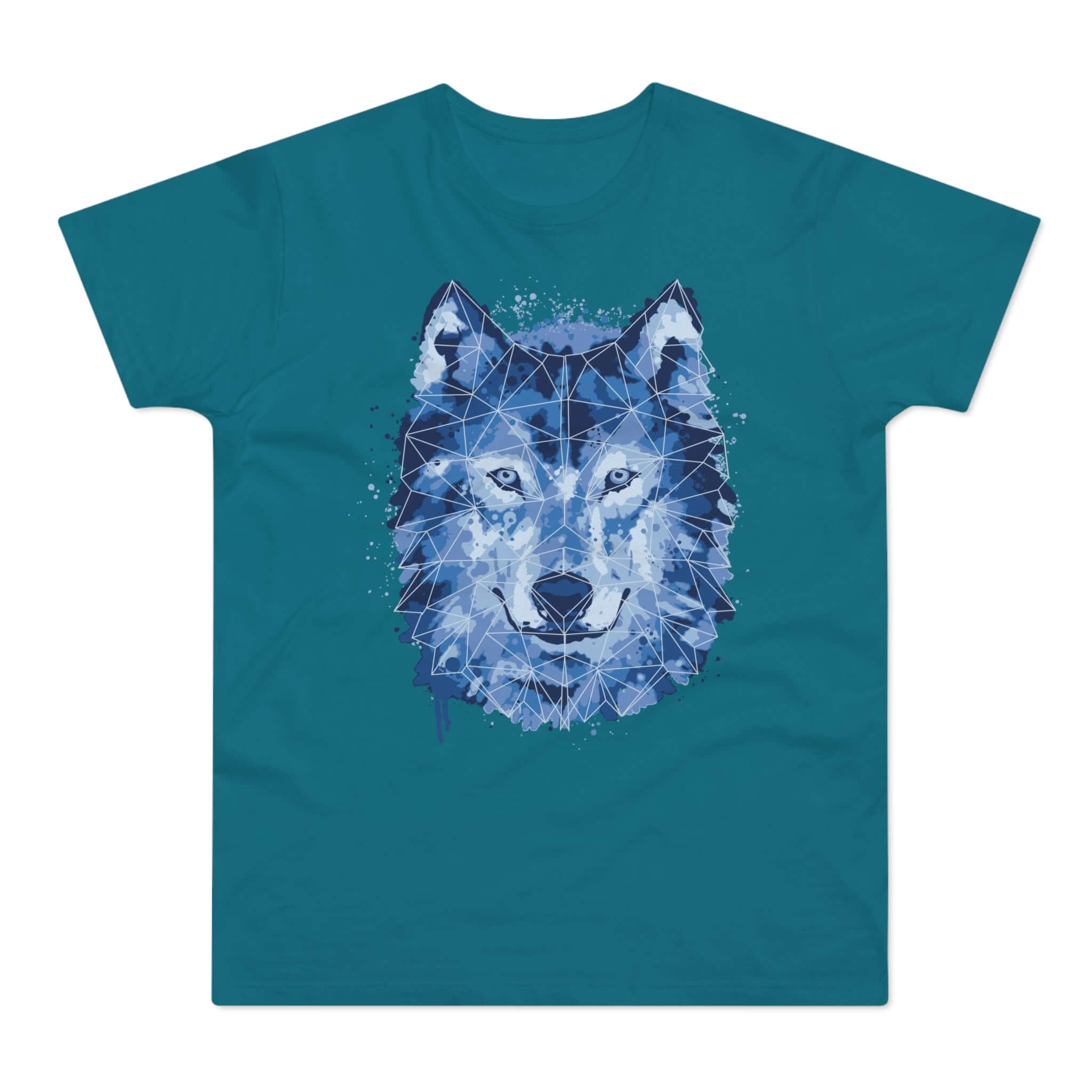 Turkis t-shirt med tryk med en blå ulve-hoved i mandalakunst.