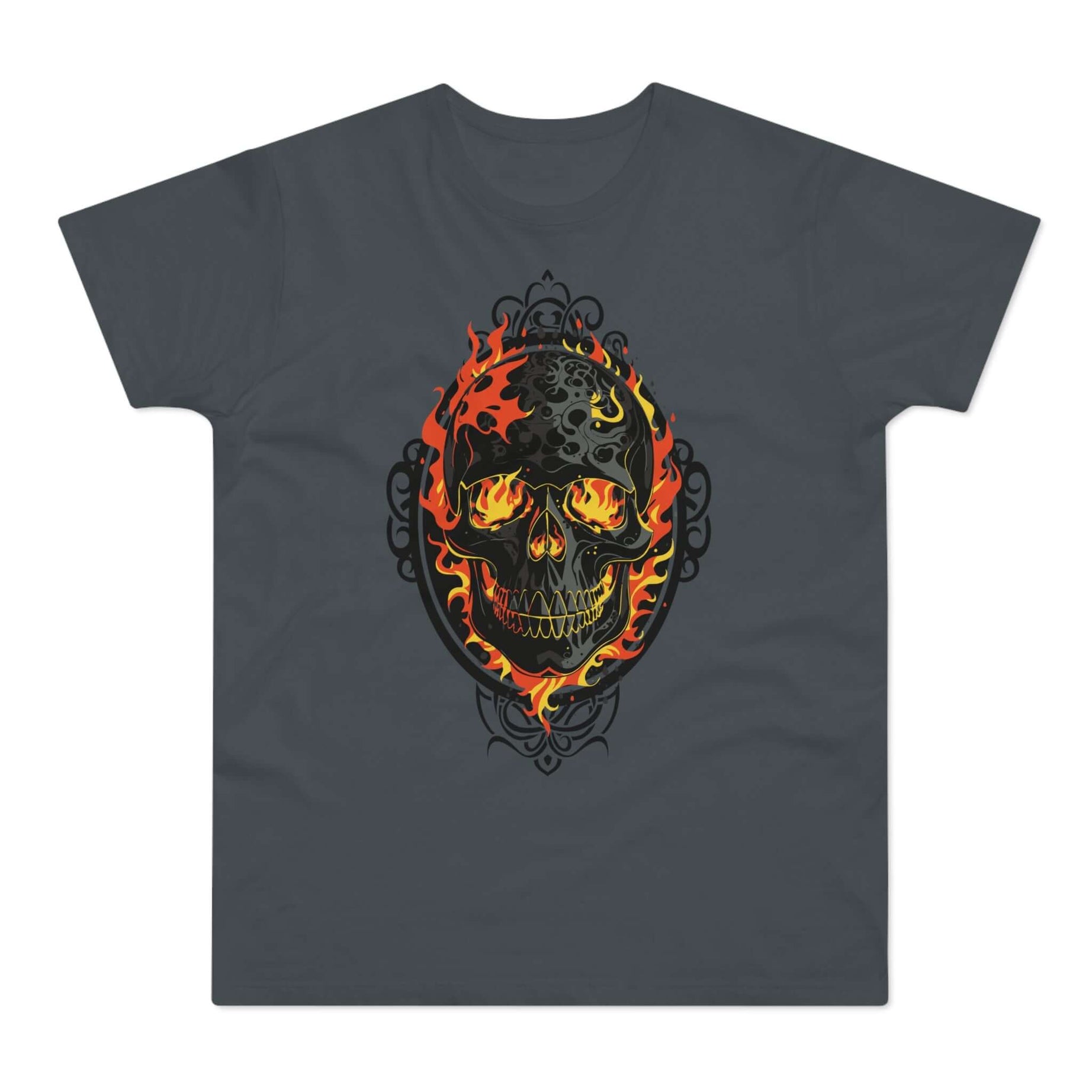 T-shirt med titlen: The Burninf Skull Of Arandor Renegis | T-Shirt Med Tryk.