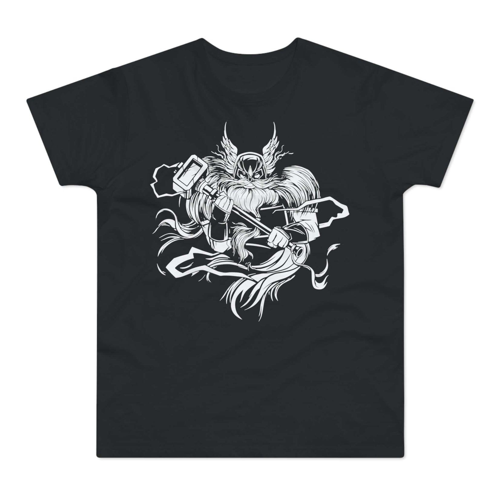 Sort t-shirt med tryk med en mægtig kriger med et stort skæg og en stor hammer.
