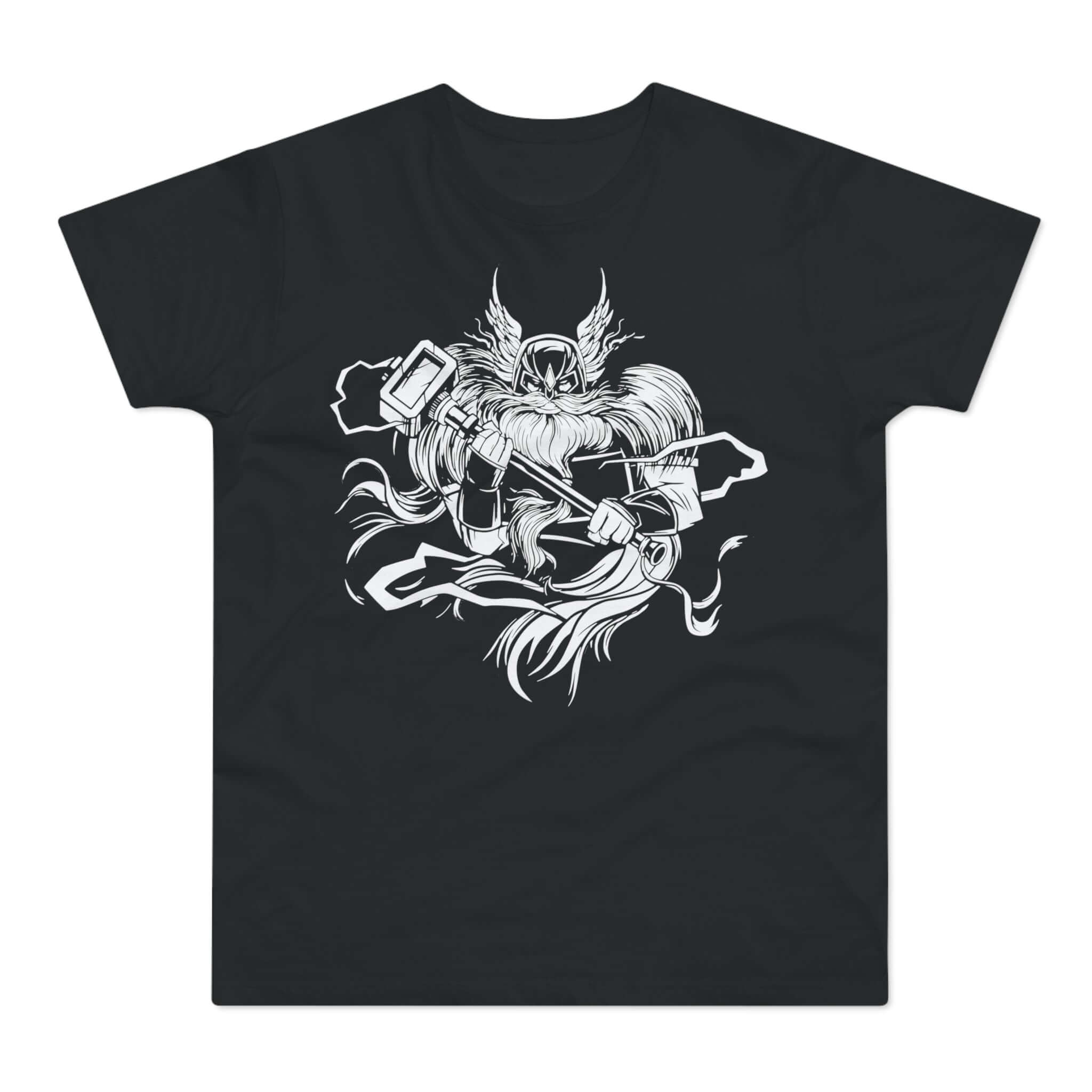 Sort t-shirt med tryk med en mægtig kriger med et stort skæg og en stor hammer.