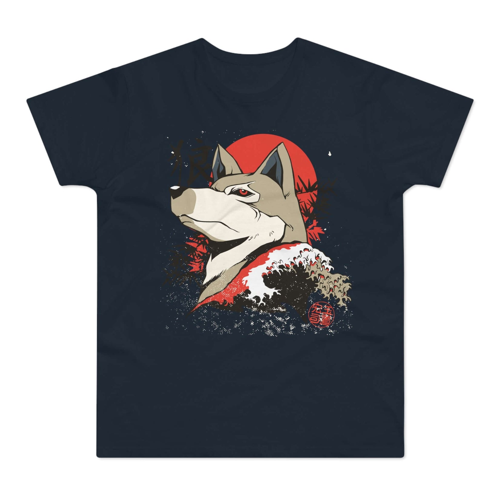 Mørkeblå t-shirt med tryk med ulvehoved, japanske tegn og japansk kunst.