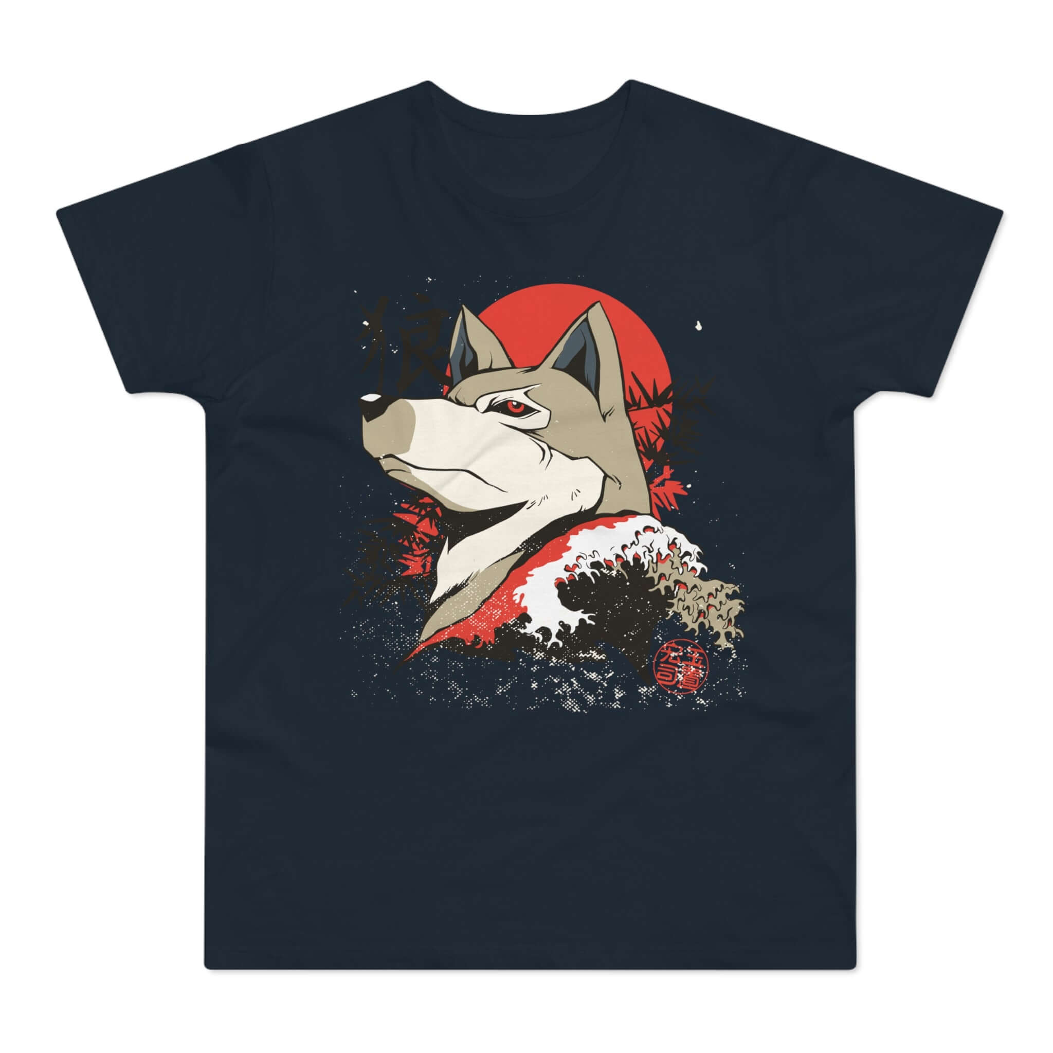 Mørkeblå t-shirt med tryk med ulvehoved, japanske tegn og japansk kunst.