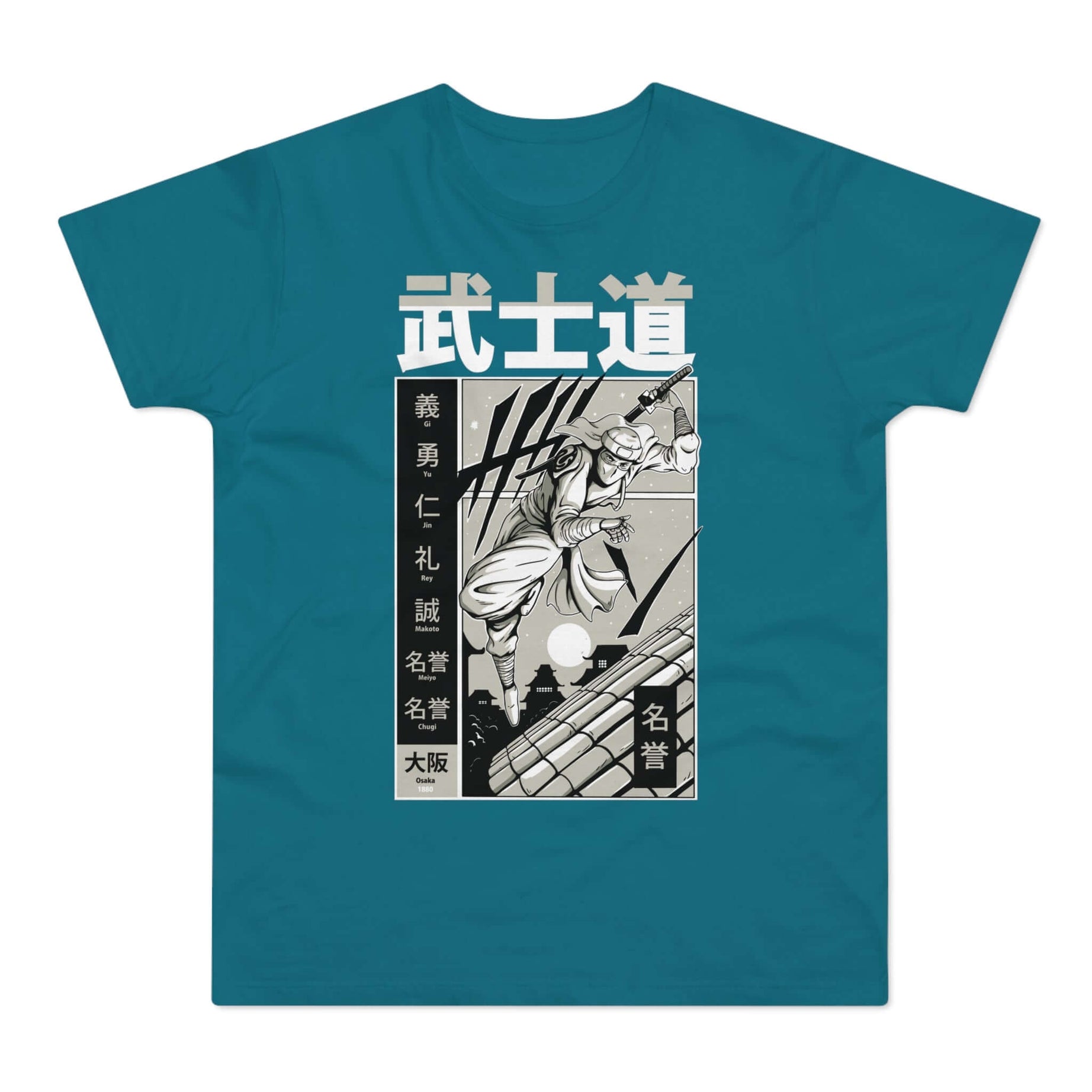 T-shirt med navnet: Ninja Escaping Over The Roofs | T-Shirt Med Tryk.