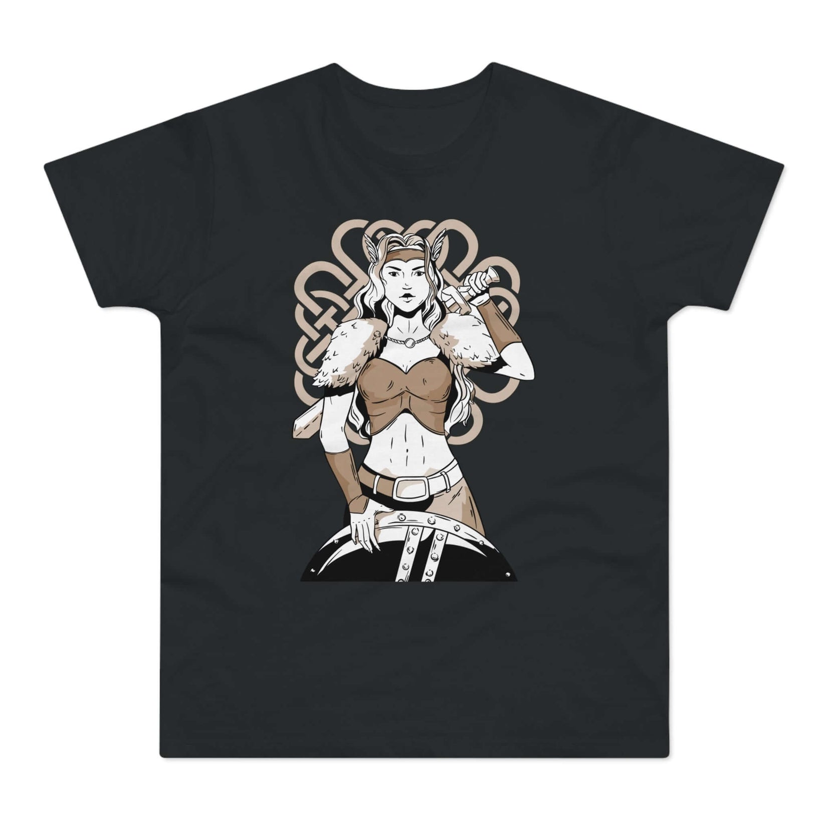 Sort t-shirt med tryk med en kvindelig kriger med sværd og skjold og runer.