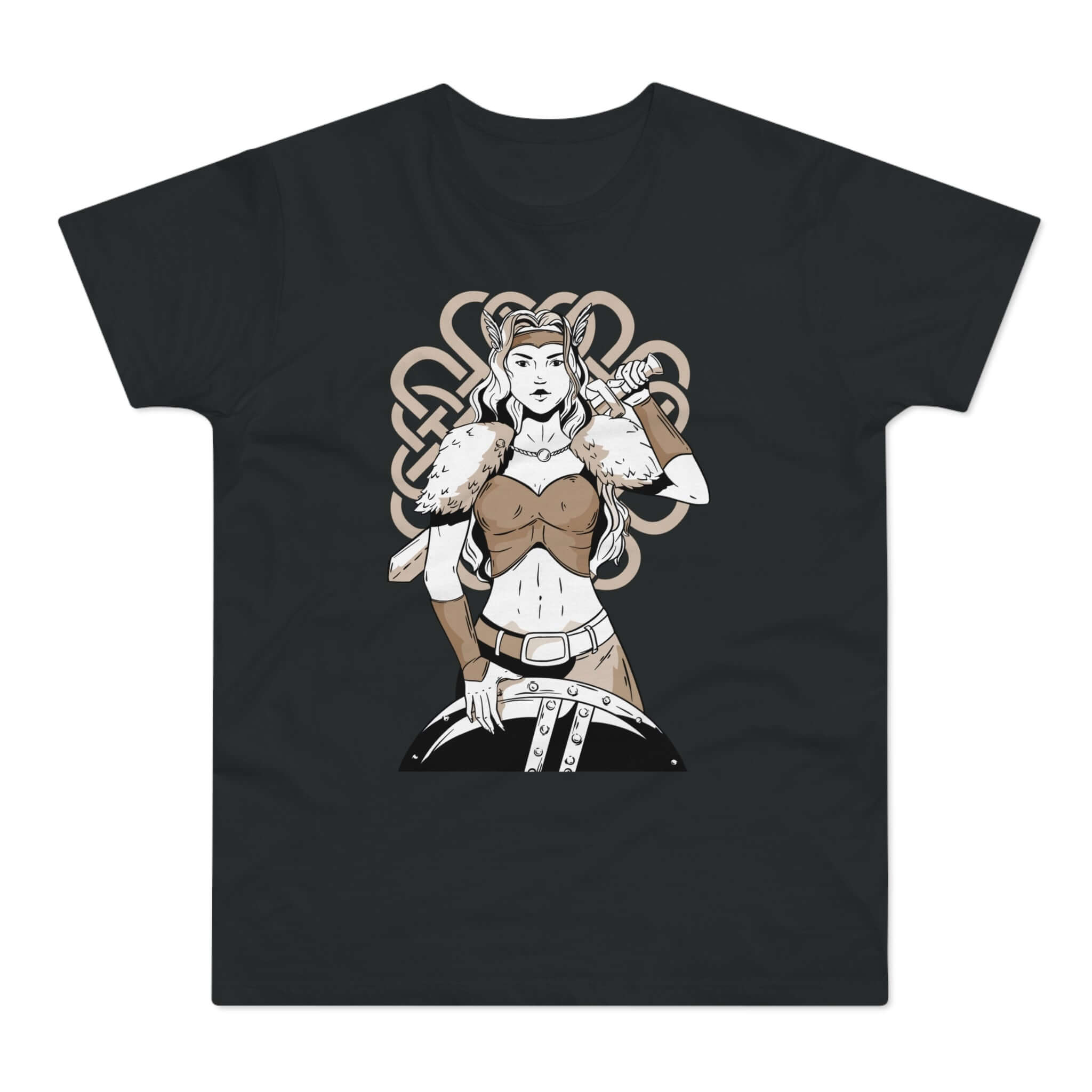 Sort t-shirt med tryk med en kvindelig kriger med sværd og skjold og runer.