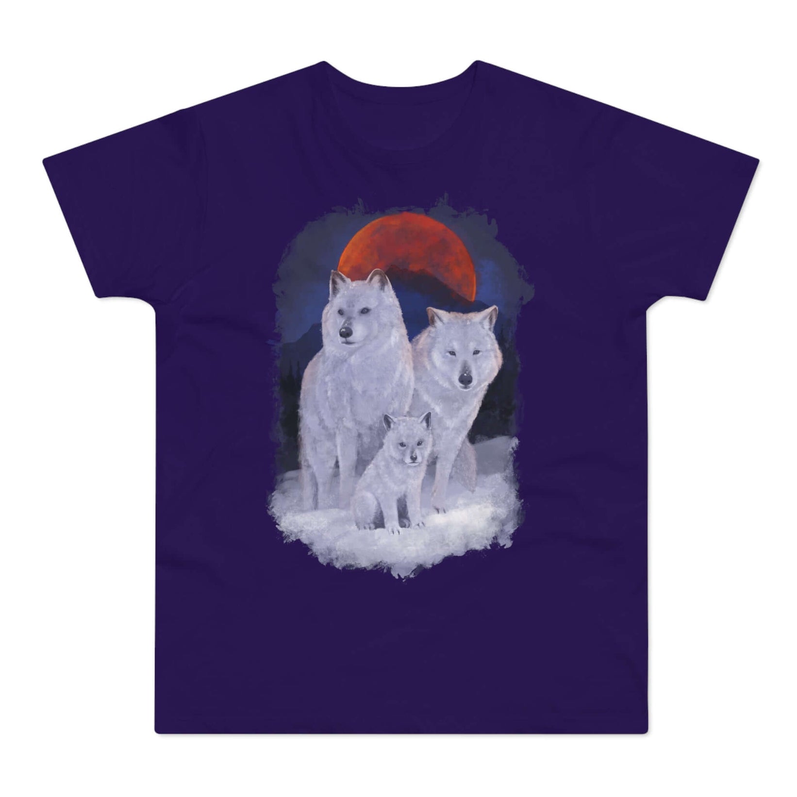 Lilla t-shirt med tryk med en ulvefamilie.