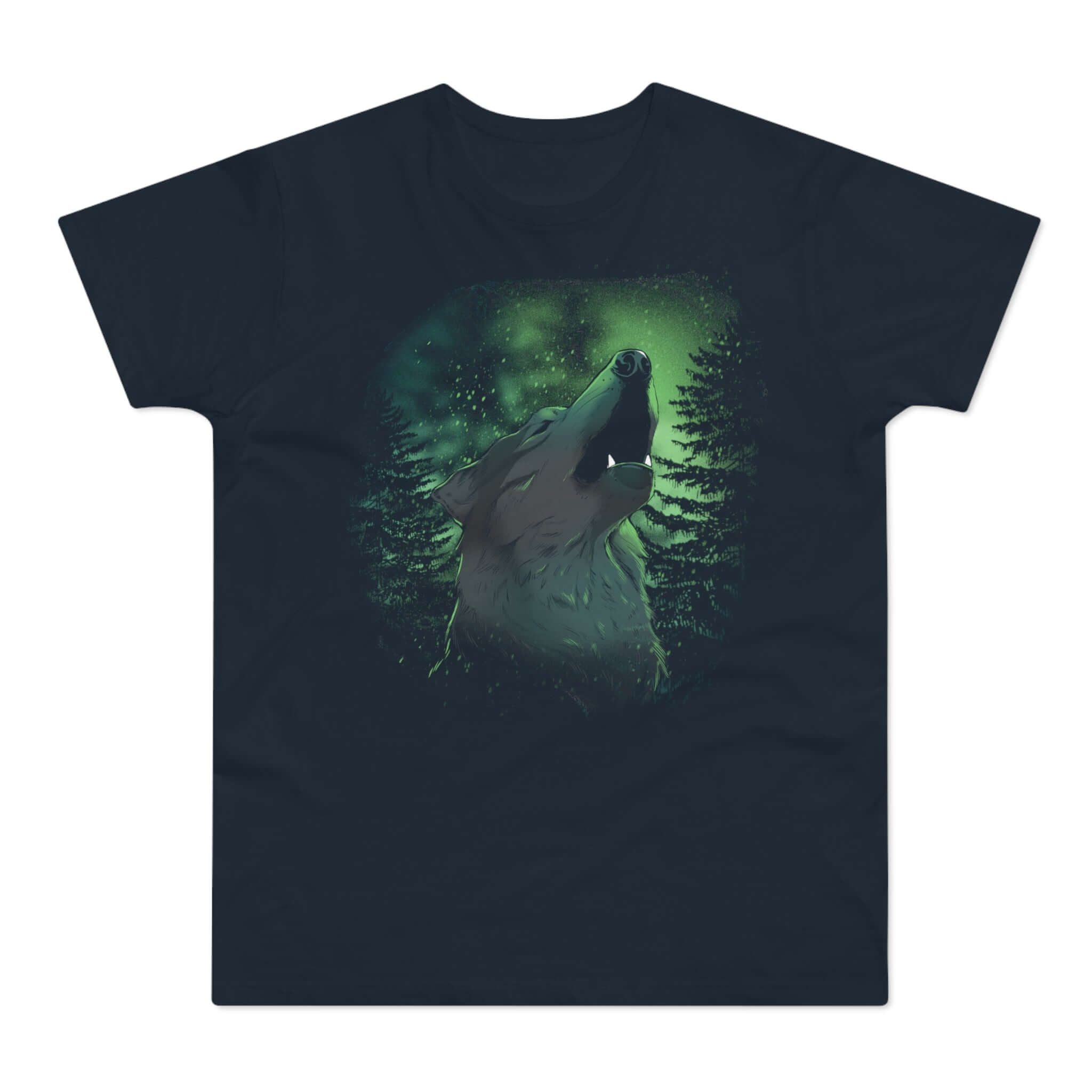Mørkeblå t-shirt med tryk med hylende ulv foran nordlyset.