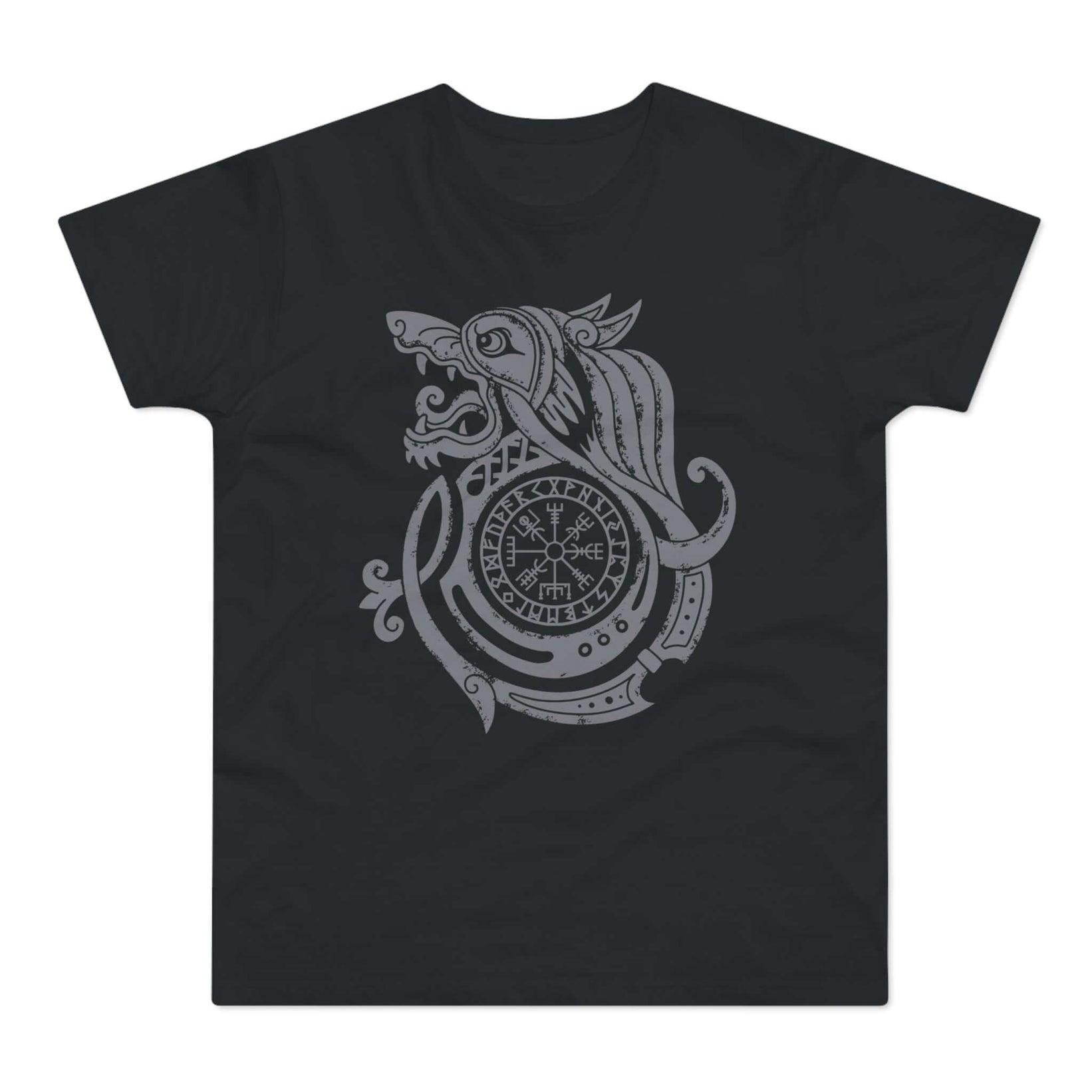 Sort t-shirt med tryk med en rune i form af et ulvehoved.