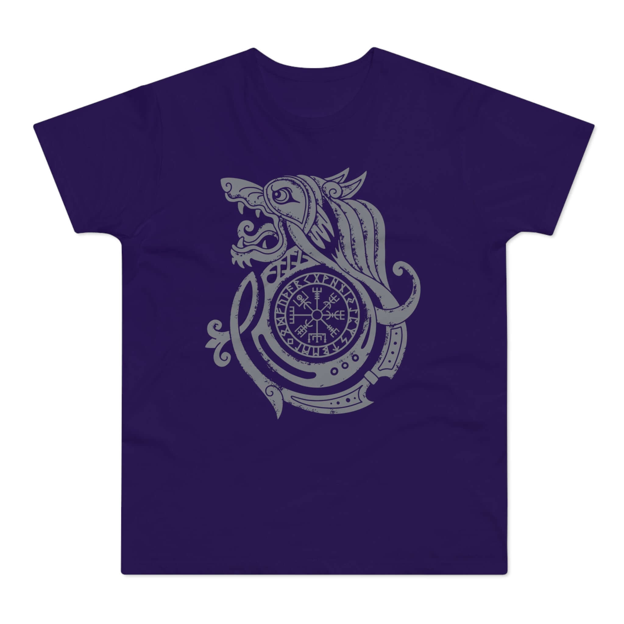 Lilla t-shirt med tryk med en rune i form af et ulvehoved.