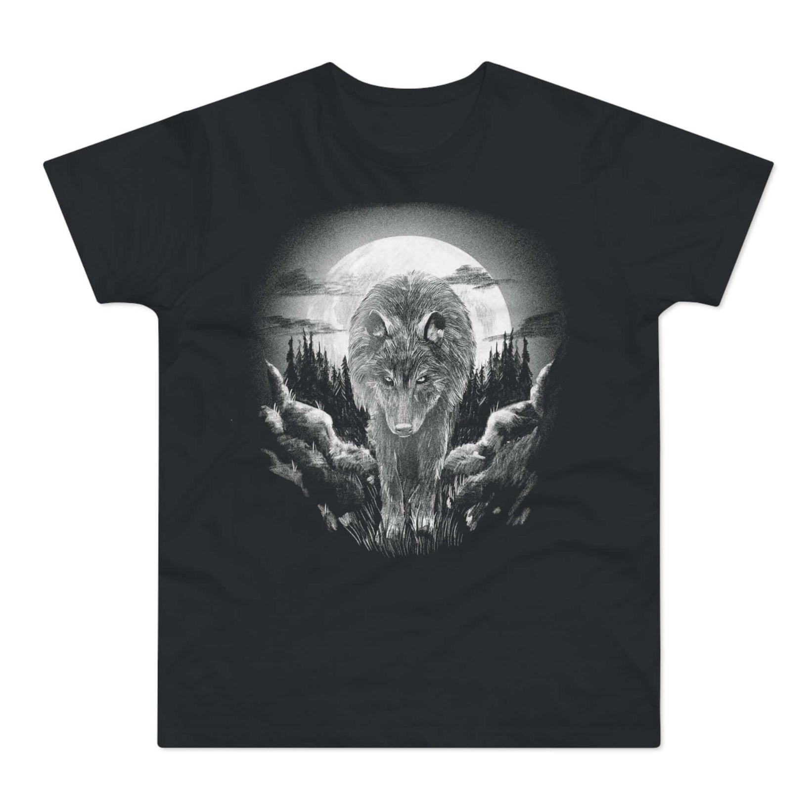 Sort t-shirt med tryk med en ulv før en hvid månde.