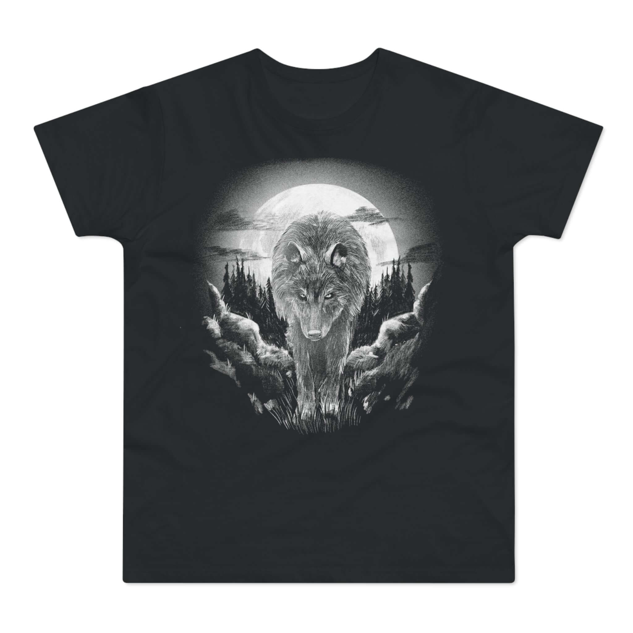 Sort t-shirt med tryk med en ulv før en hvid månde.