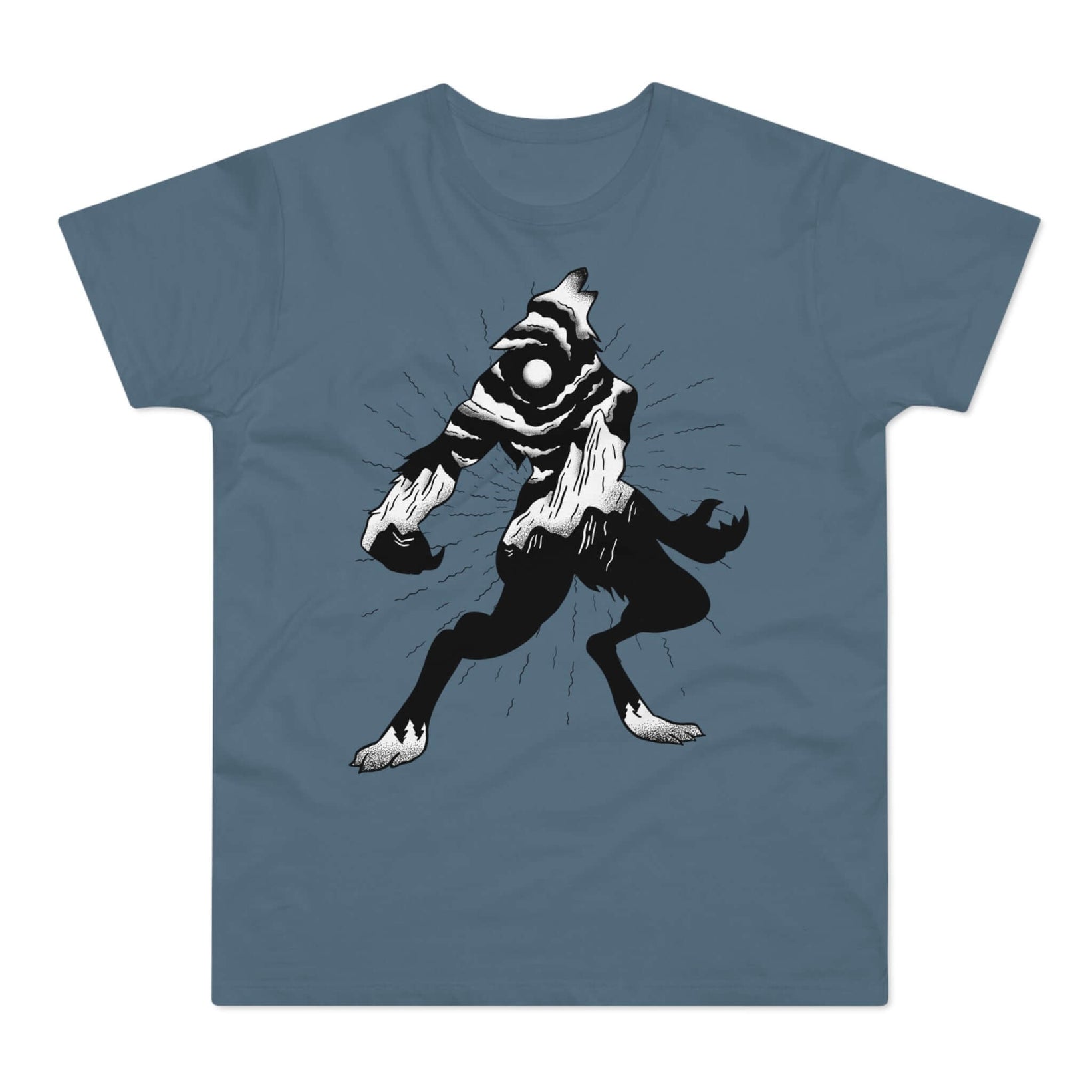 stenblå t-shirt med tryk af en hylende varulv.