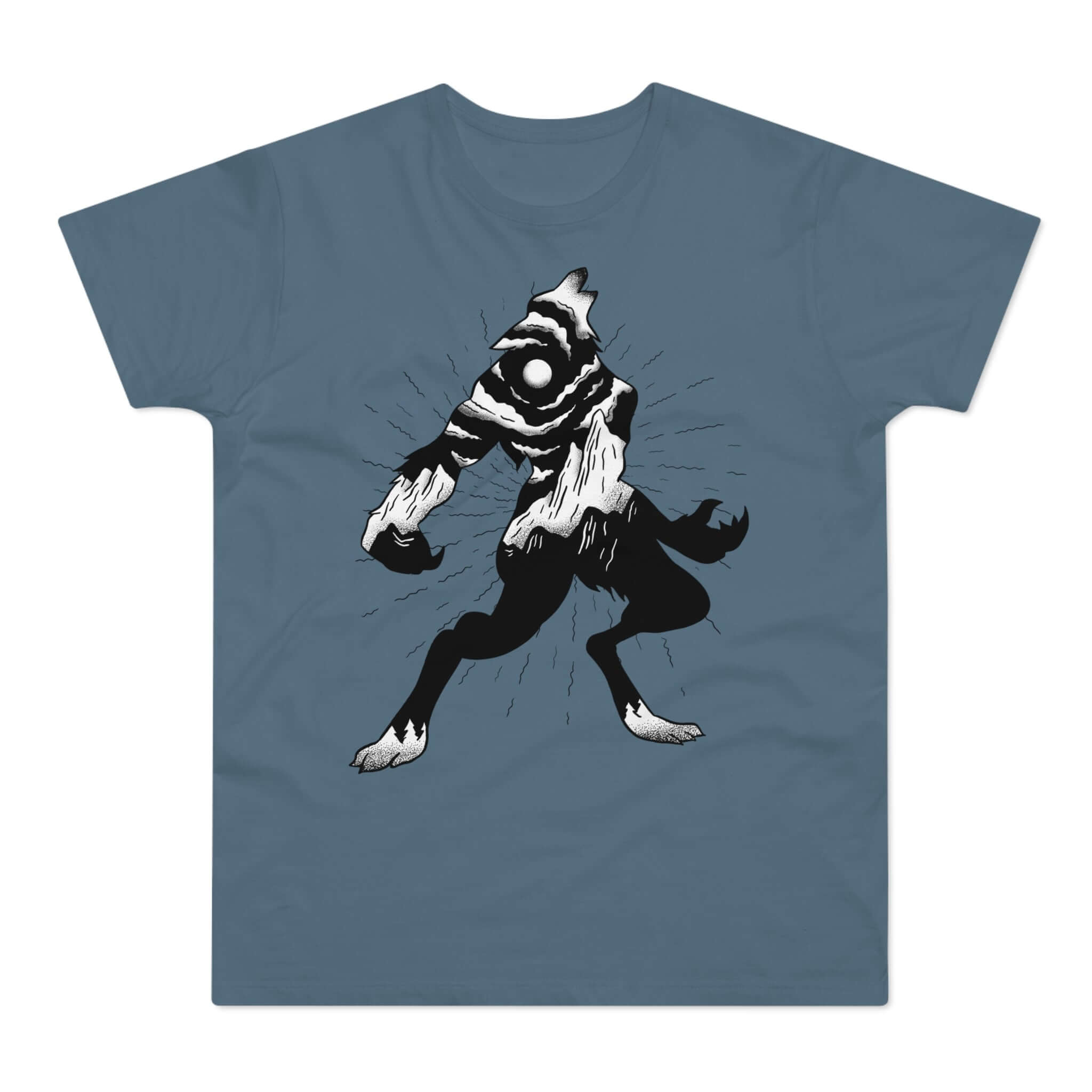 stenblå t-shirt med tryk af en hylende varulv.