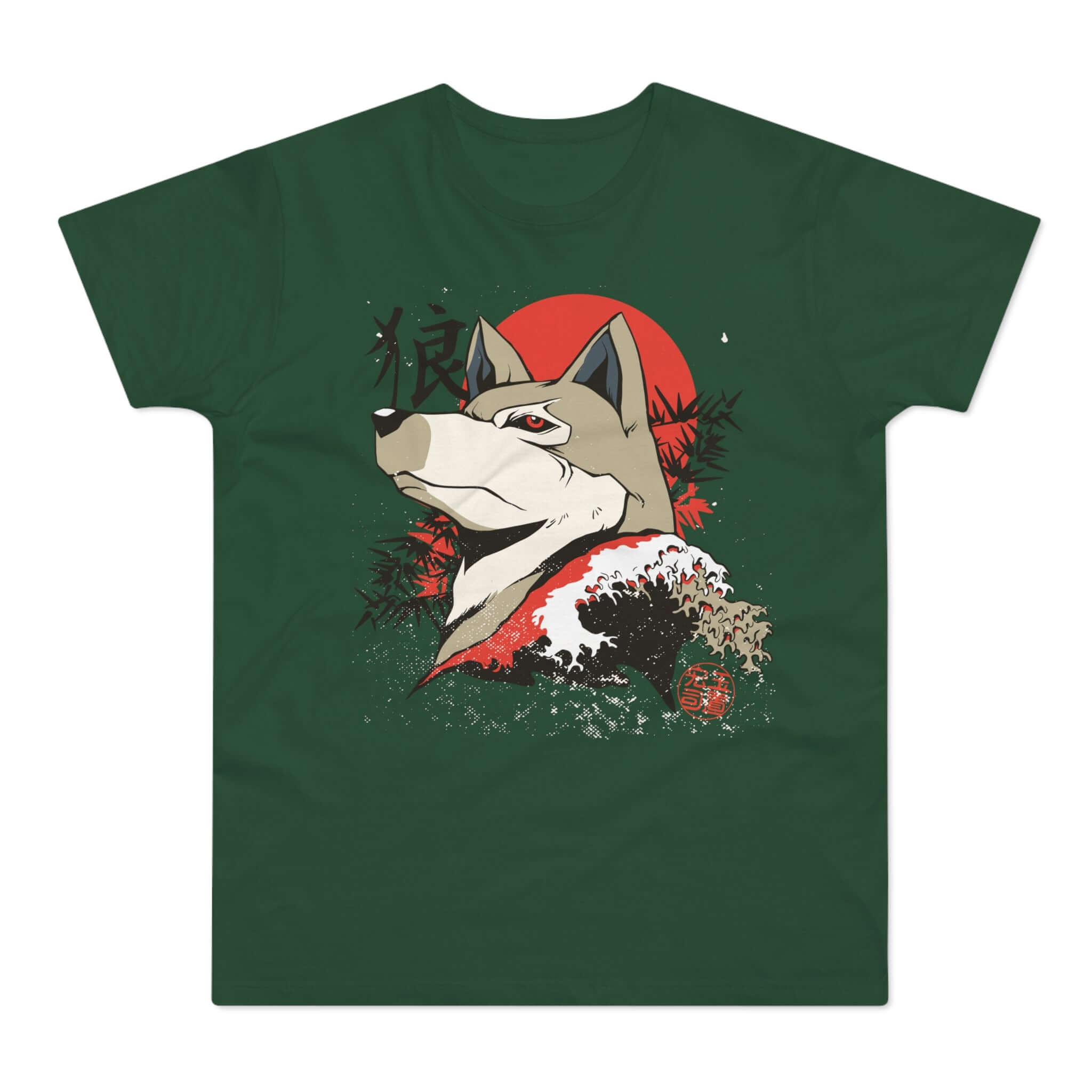 Grøn t-shirt med tryk med ulvehoved, japanske tegn og japansk kunst.
