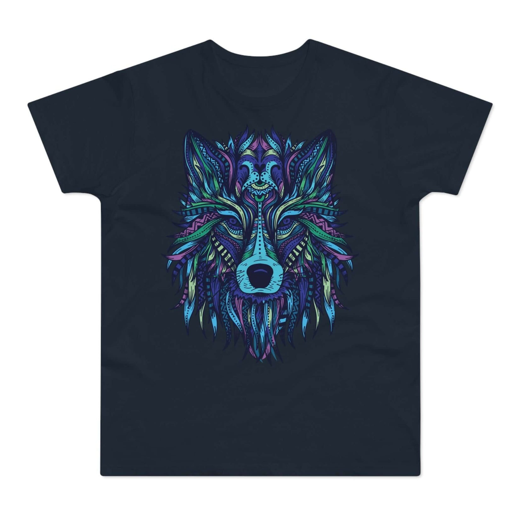 Mørkeblå t-shirt med tryk med en ulv i mandala-kunst.