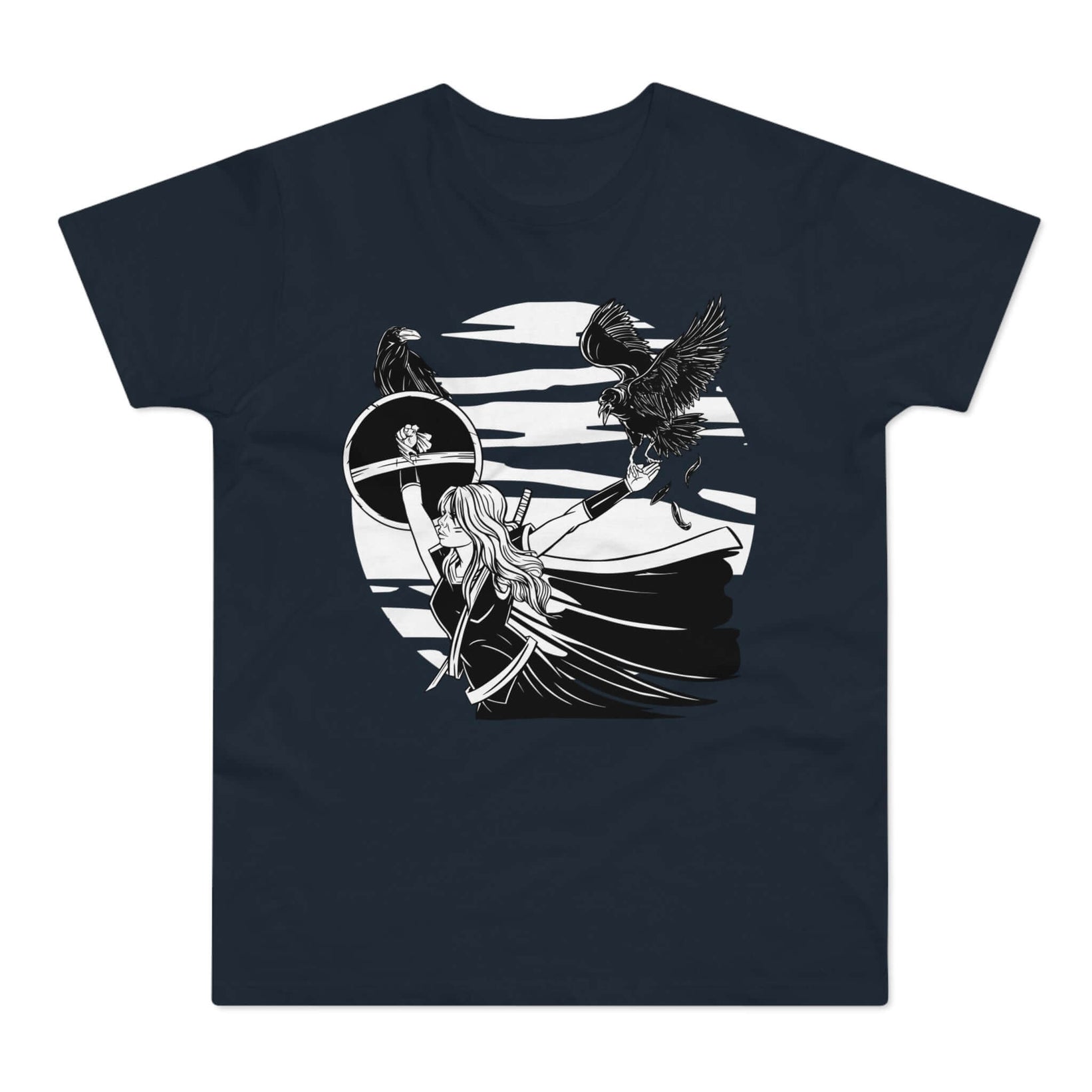 T-shirt med titlen: Ravina, The Mystical Fighting Raven-Lady | T-Shirt Med Tryk.
