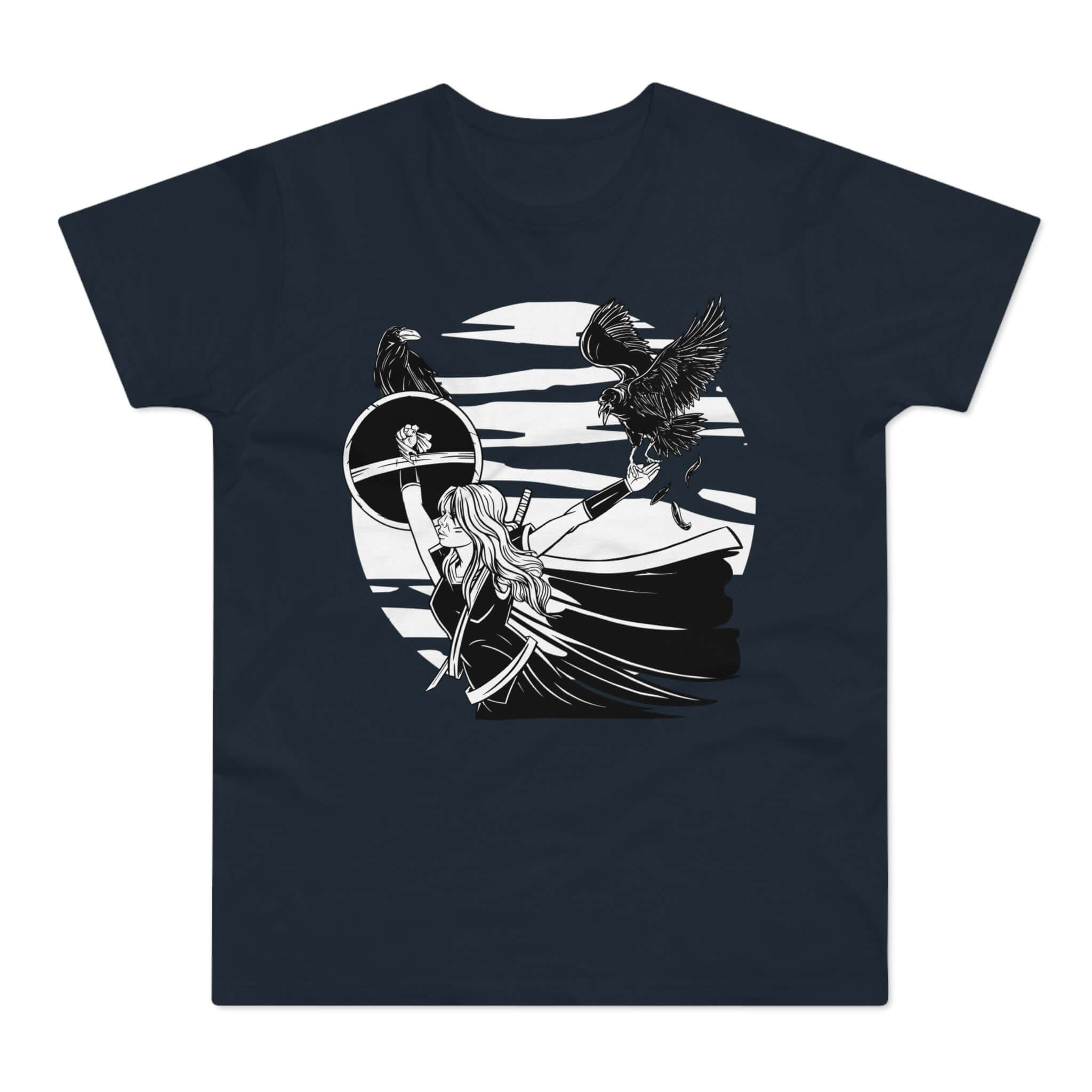 T-shirt med titlen: Ravina, The Mystical Fighting Raven-Lady | T-Shirt Med Tryk.