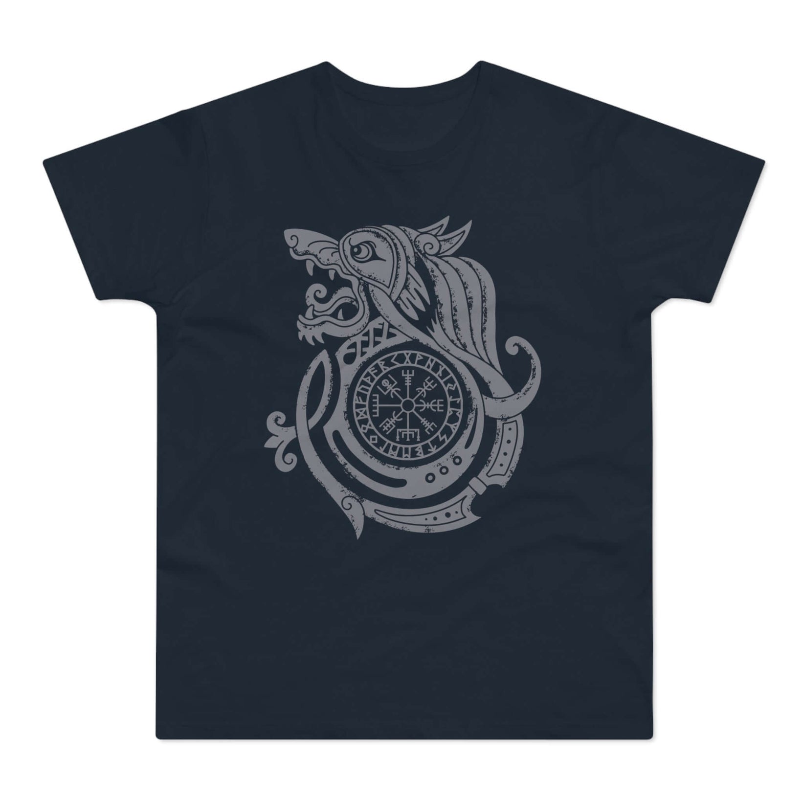 Mørkeblå t-shirt med tryk med en rune i form af et ulvehoved.
