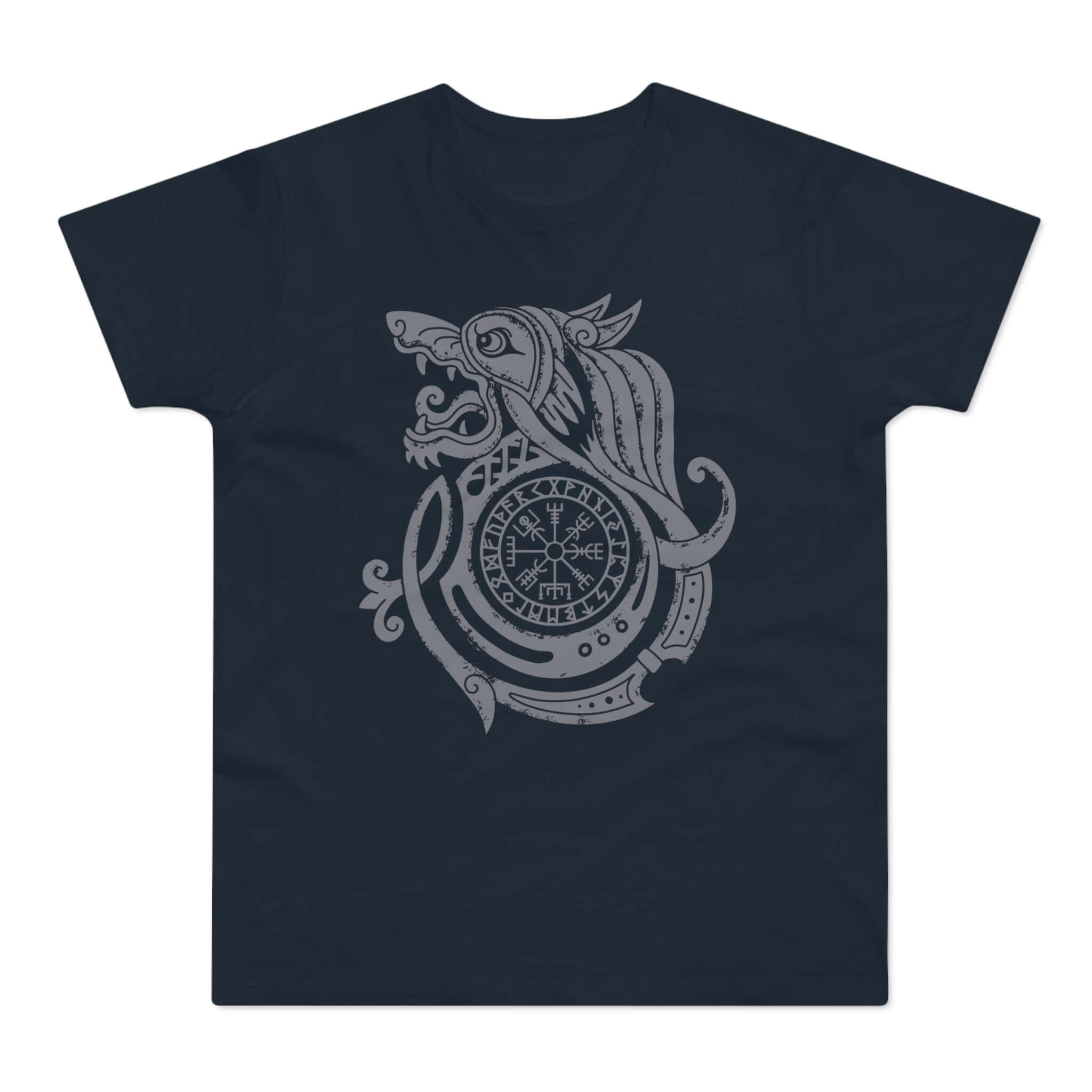 Mørkeblå t-shirt med tryk med en rune i form af et ulvehoved.