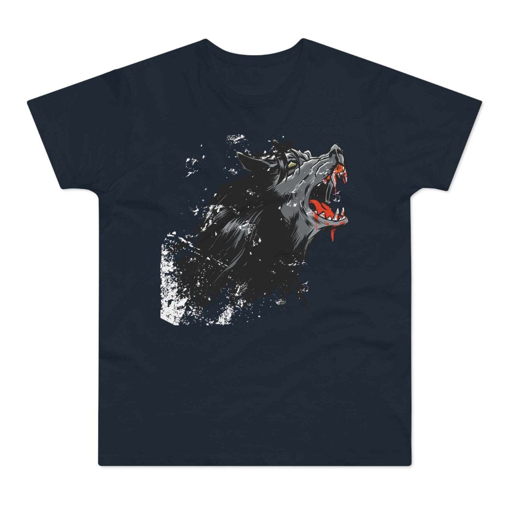 Mørkeblå t-shirt med tryk med en hylende, aggressiv varulv.