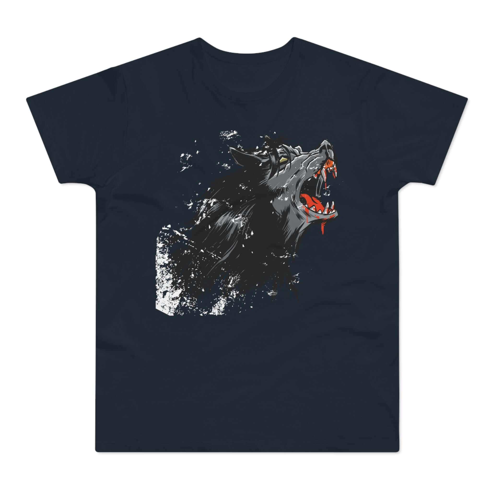 Mørkeblå t-shirt med tryk med en hylende, aggressiv varulv.