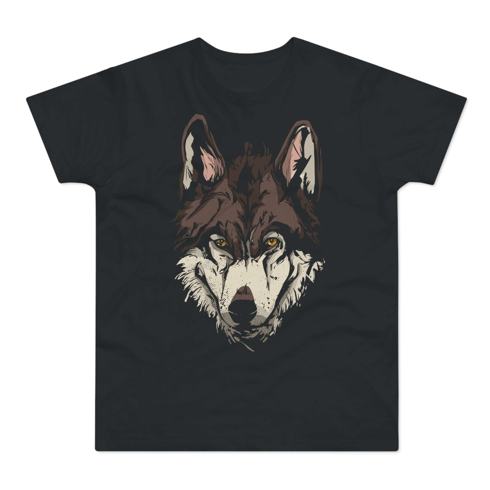 Sort t-shirt med tryk med hovedet af en gammel og erfaren ulv.