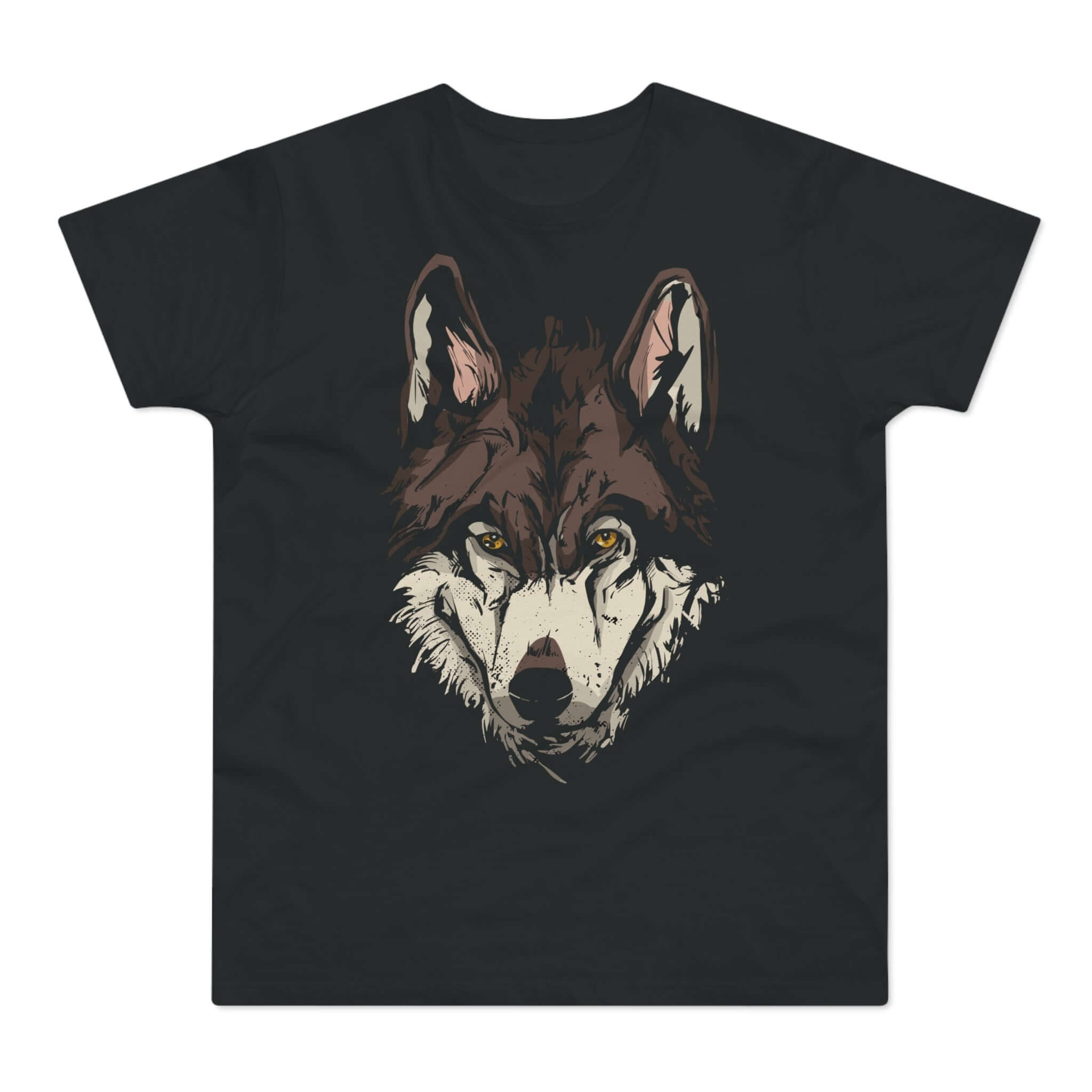 Sort t-shirt med tryk med hovedet af en gammel og erfaren ulv.