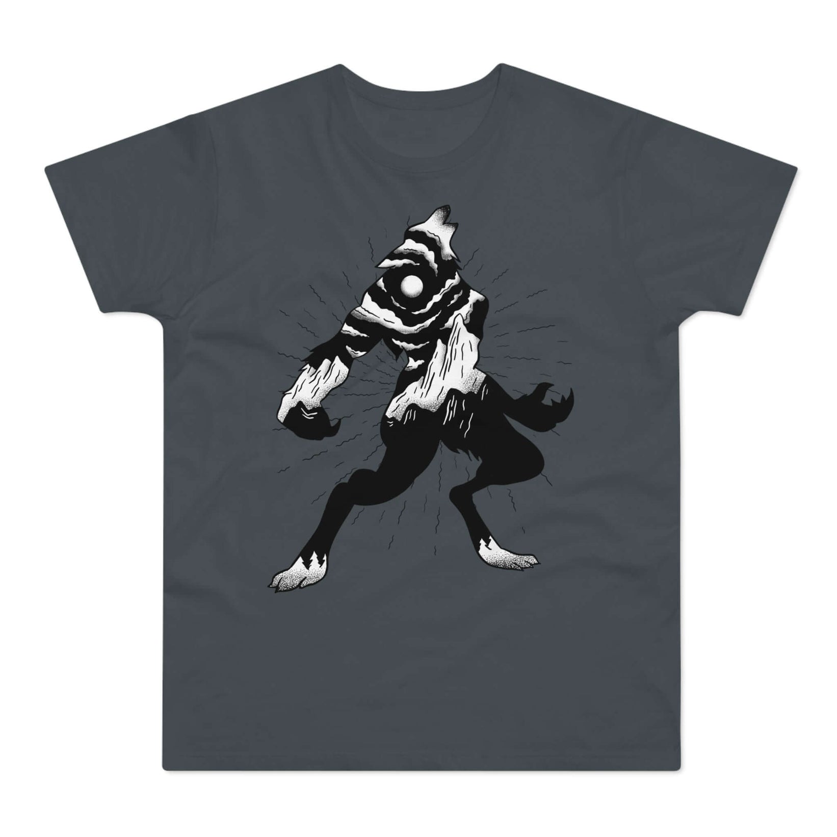 grå t-shirt med tryk af en hylende varulv.
