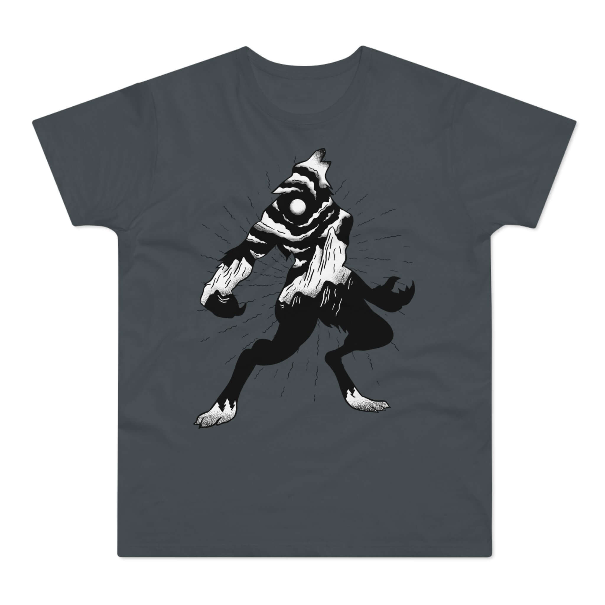 grå t-shirt med tryk af en hylende varulv.